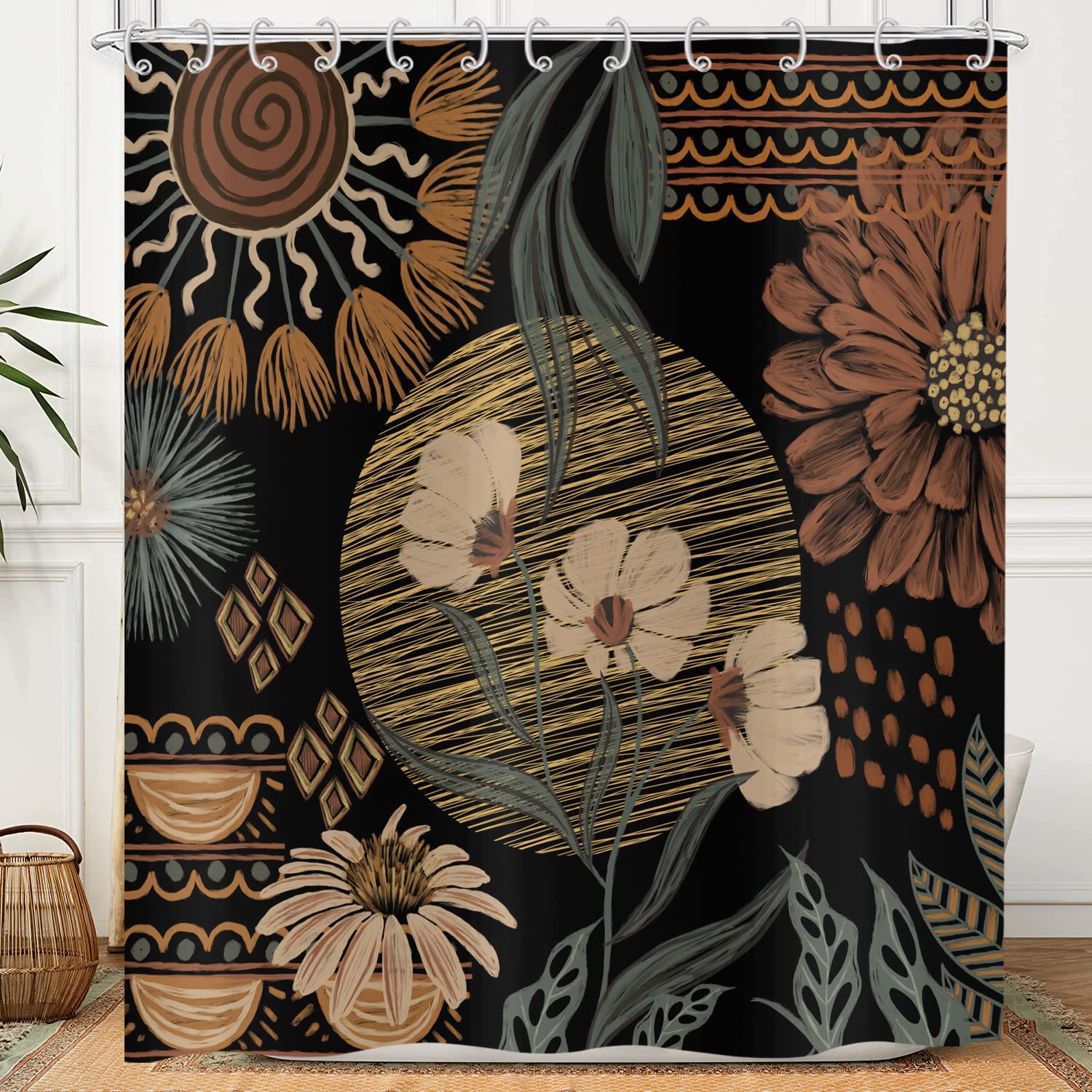 Hnmdmyi Black Boho Floral Shower Curtain 180x240, Vintage Abstract Bohemian Flower Botanical Bathroom Curtains Mid Century Modern Aesthetic Retro Waterproof Polyester Fabric Washable Bath Curtains