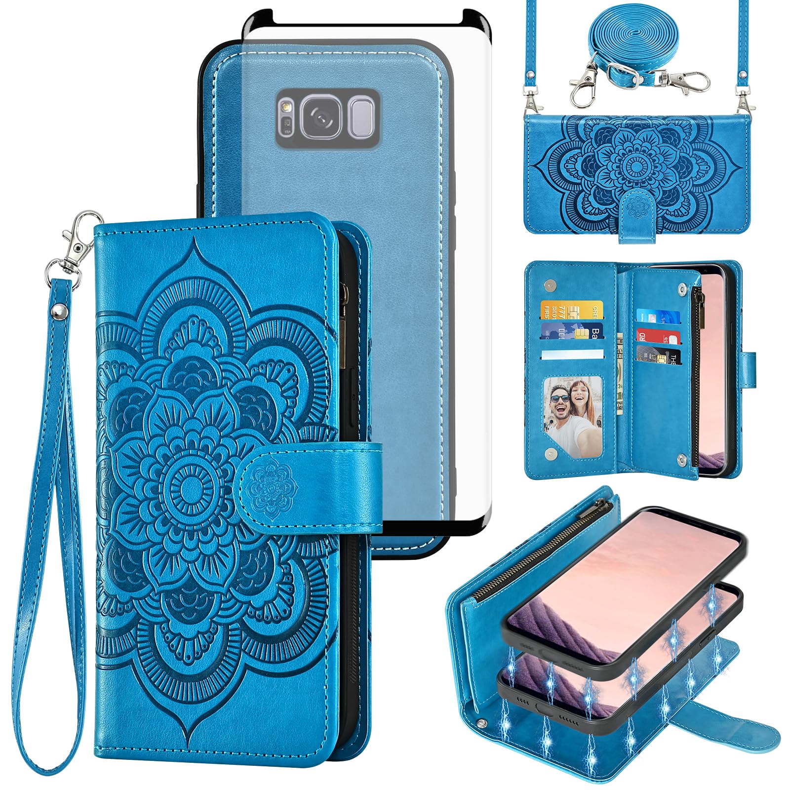 Asuwish Phone Case for Samsung Galaxy S8 Plus Zipper Wallet Detachable Cell Cover with Tempered Glass Screen Protector Strap Flower Card Holder S8plus