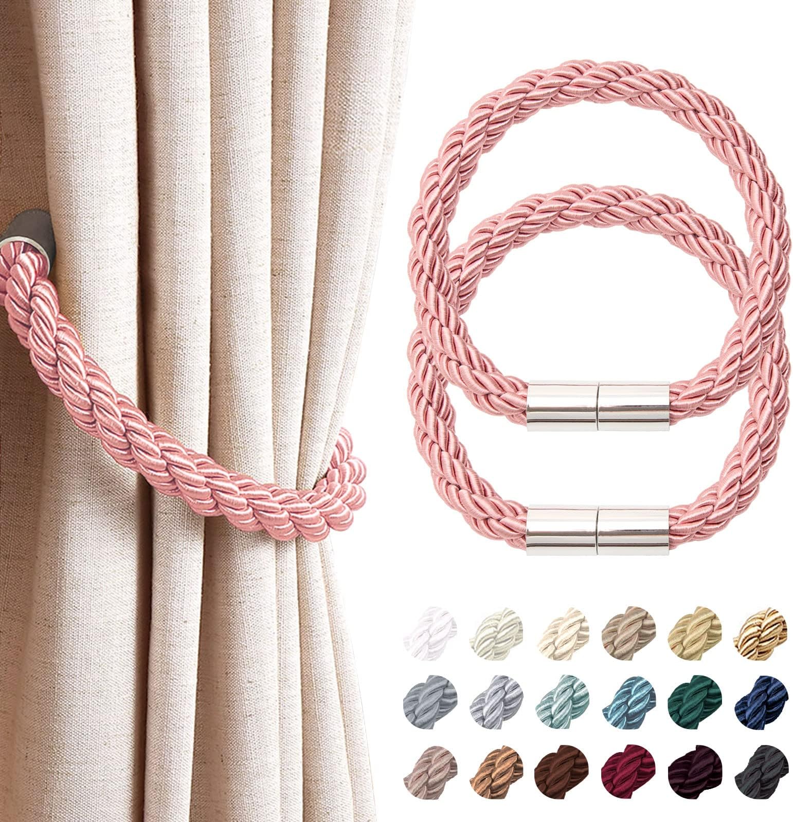 NICEEC 2 Pack Strong Magnetic Curtain Tiebacks Modern Simple Style Drape Tie Backs Convenient Decorative Weave Rope Curtain Holdbacks for Thin or Thick Home & Office Window Draperies (Pink)