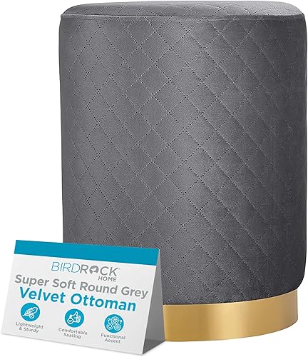 BIRDROCK HOME Taburete otomano redondo de terciopelo con diseño de celosía y ribete dorado, reposapiés suave y acolchado para sala de estar o