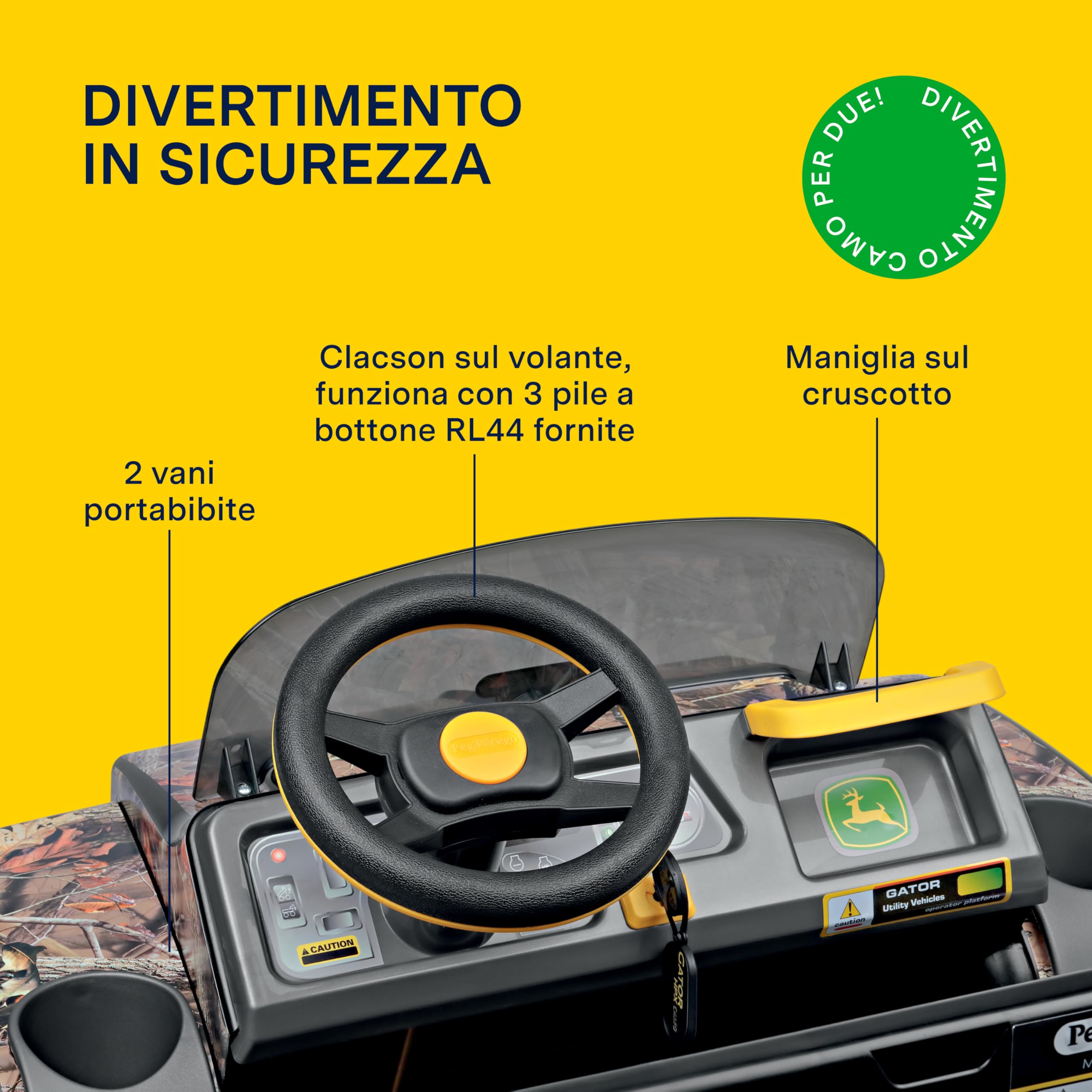 PEG John Deere Gator HPX Camo - Trattore Elettrico Cavalcabile per Bambini dai 3 Anni, Utility Vehicle Elettrico con Cassone Ribaltabile e Clacson, Batteria Ricaricabile da 12V