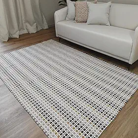 Tapete Sala Quarto Grande Artesanal 2,00 x 1,40m Quadriculado Rústico Colorido Cru Tear 100% Algodão Antiderrapante Lavável Decorativo Minimalista (Caramelo)