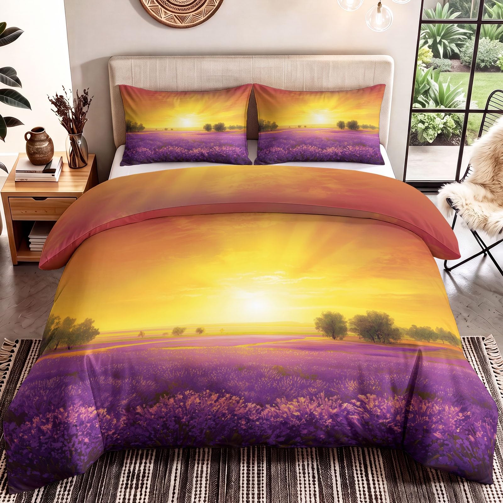 Générique Poszwa na kołdrę dla dzieci z naturalnym krajobrazem, zestaw pościeli 200 x 200 cm, zestawy poszewek na kołdrę, poszewka na łóżko z motywem kwiatowego pola zachodu słońca, zestaw pościeli z