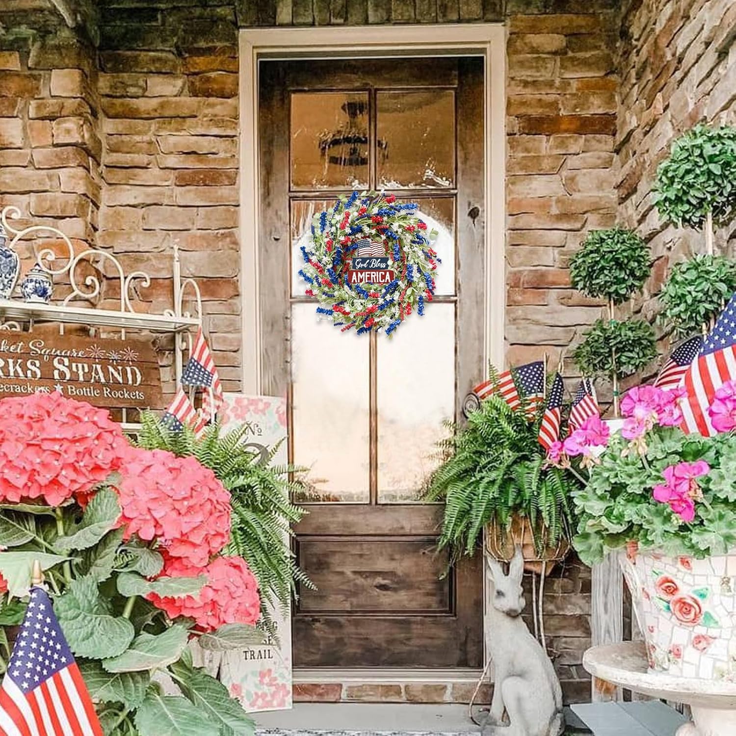 Bibelot 4th of July Independence Day Red White Blue Flower Wreaths, 20" Artificial Flower Wreath with God Bless America Sign Decoration for Front Door, Memorial Day Wreath for Wall Window Party Decor