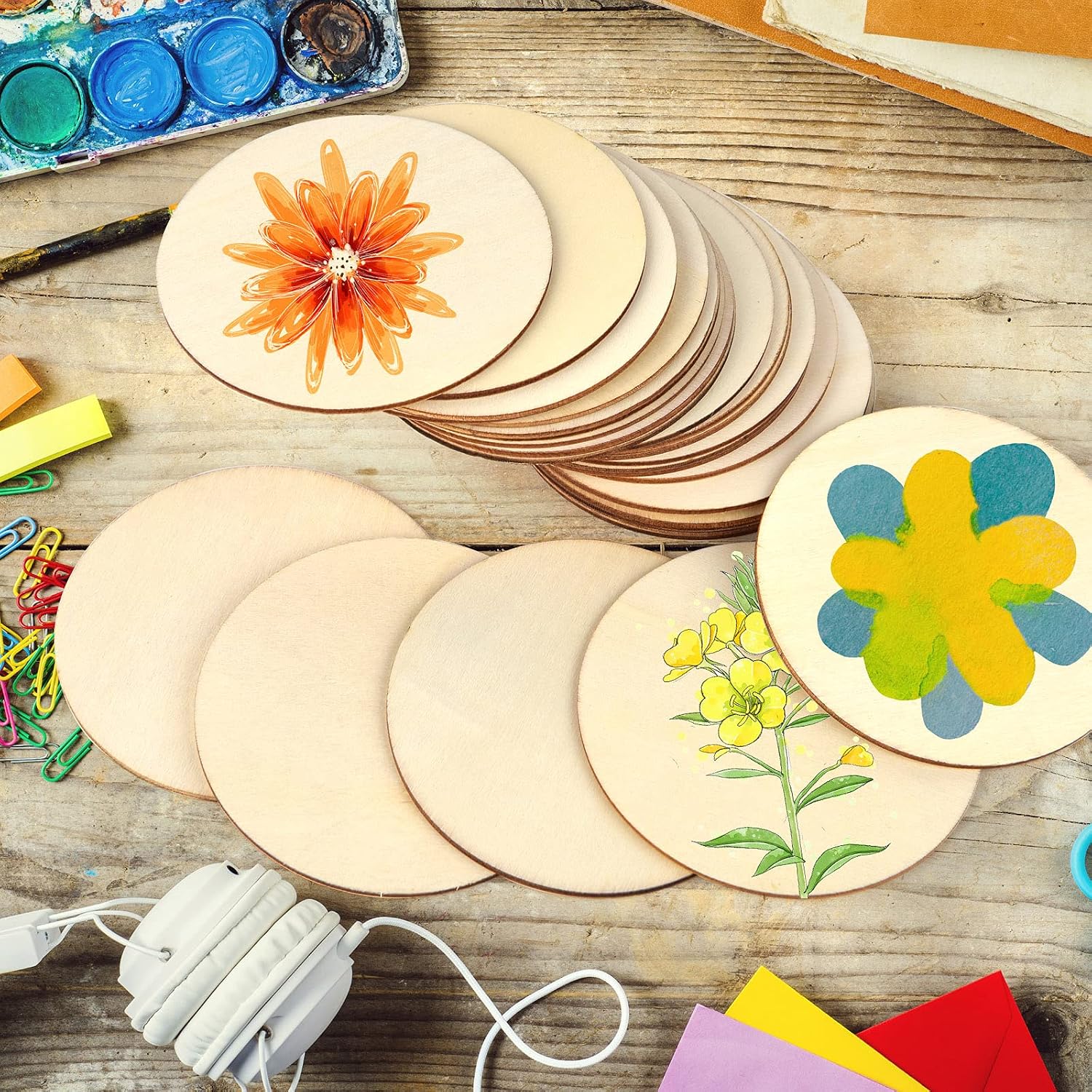 Coopay 6 Inch Wooden Circles, Unfinished Round Wood Slices Natural Wooden Cutouts for Door Hanger, Painting, Wedding, Home Decoration DIY Wood Craft Supplies, 40 Pieces