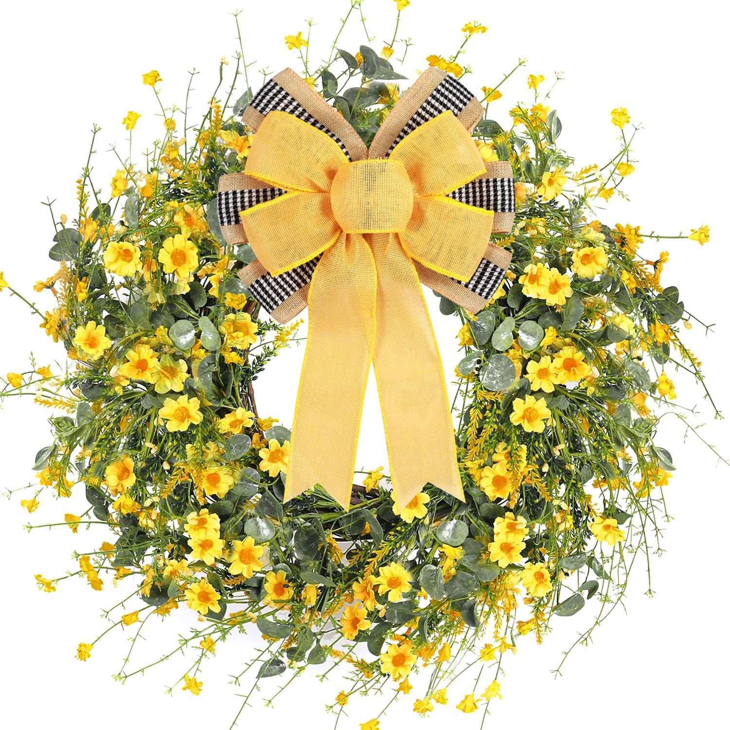 2 Fiocchi Decorativi Primaverili In Iuta Gialla E Nastro A Righe Bianco/Nero Per Ghirlande - 28x40 Cm