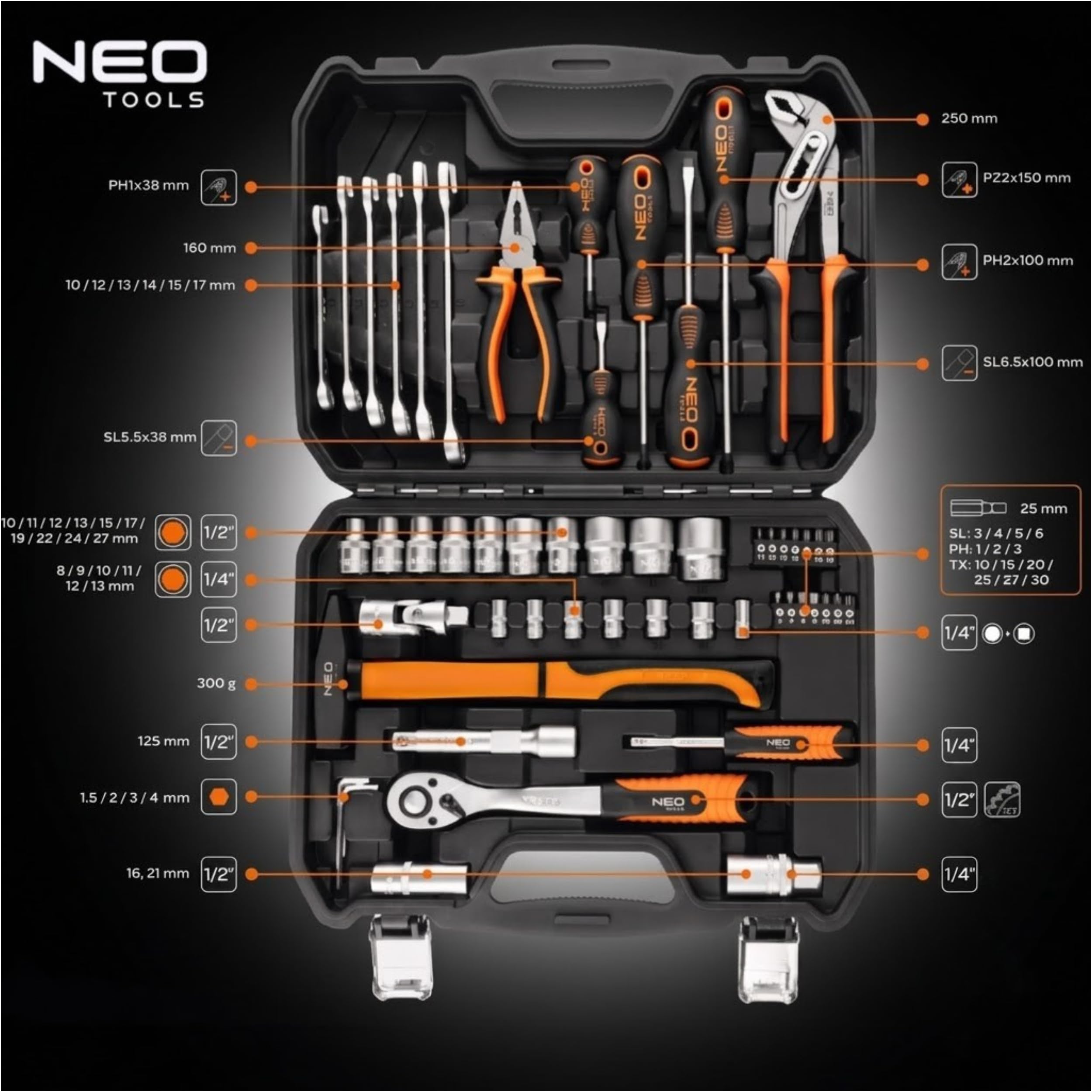 Mallette à outils professionnelle 56 pièces Neo Mallette à outils pour ménage 2 pièces - Mallette en plastique robuste - Outils à main - Grand assortiment de tournevis