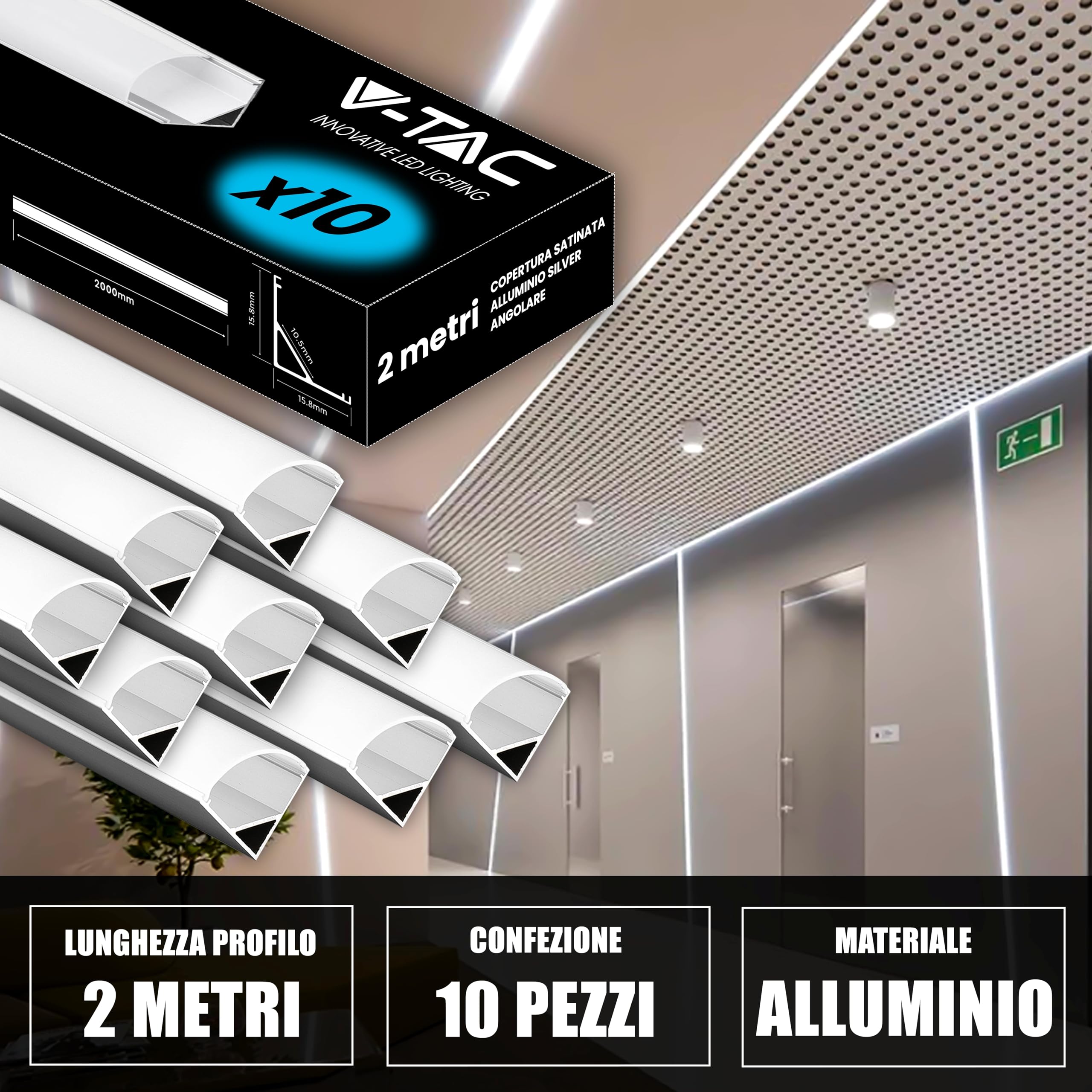 V-TAC 10x Profili Angolari da 2 METRI per Strisce Led - (20 Metri Totali) - Profili per Strisce LED in Alluminio con Copertura Satinata - Colore Argento - Angoli 21,3 x 15,8mm