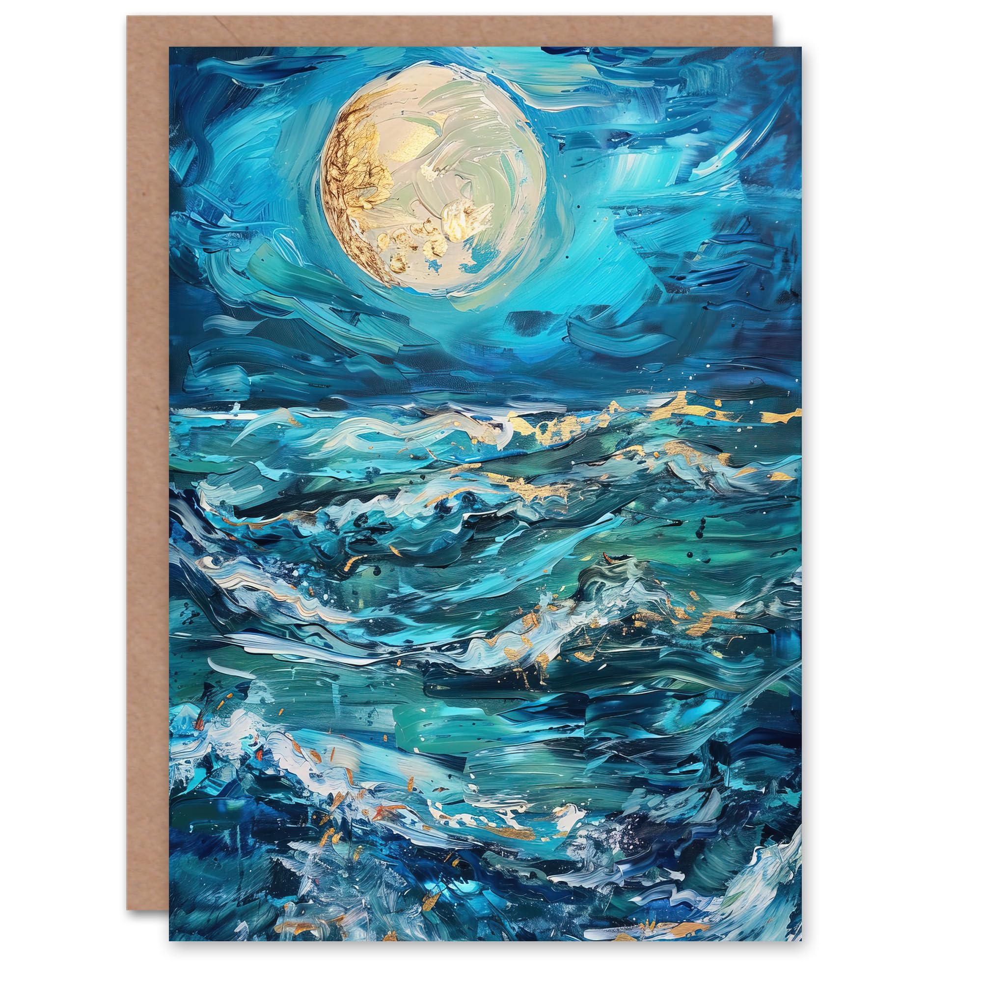Artery8 Oceans Waves Under Full Moon Oil Painting Dark Greeting Birthday Card Him Her All Blank