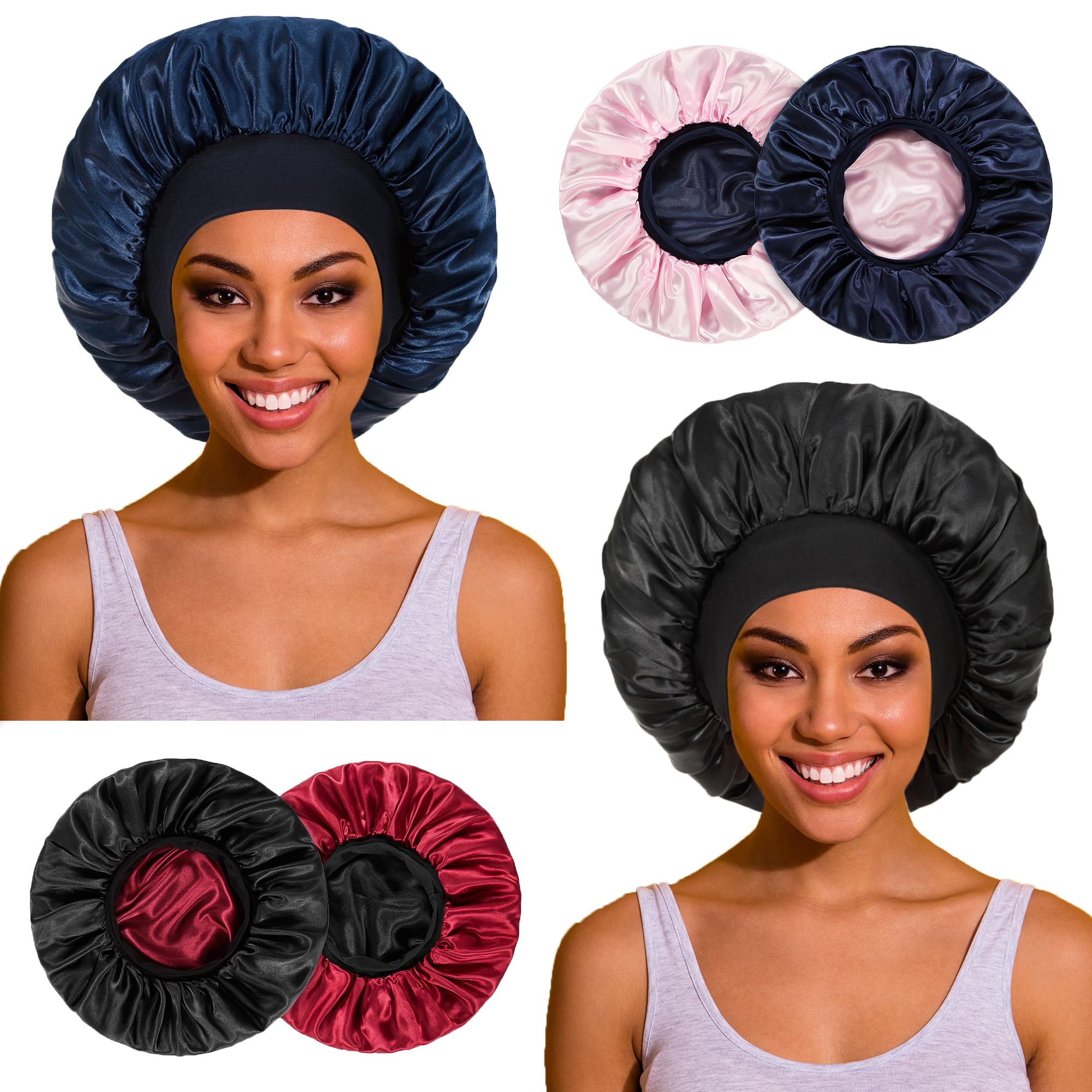 2pcs Double Layer Two-Color Satin Silk Hair Bonnet for Sleeping Women, Reversible Sleep Bonnets for Women, Wide Band Sleep Cap for Curly Hair Braids