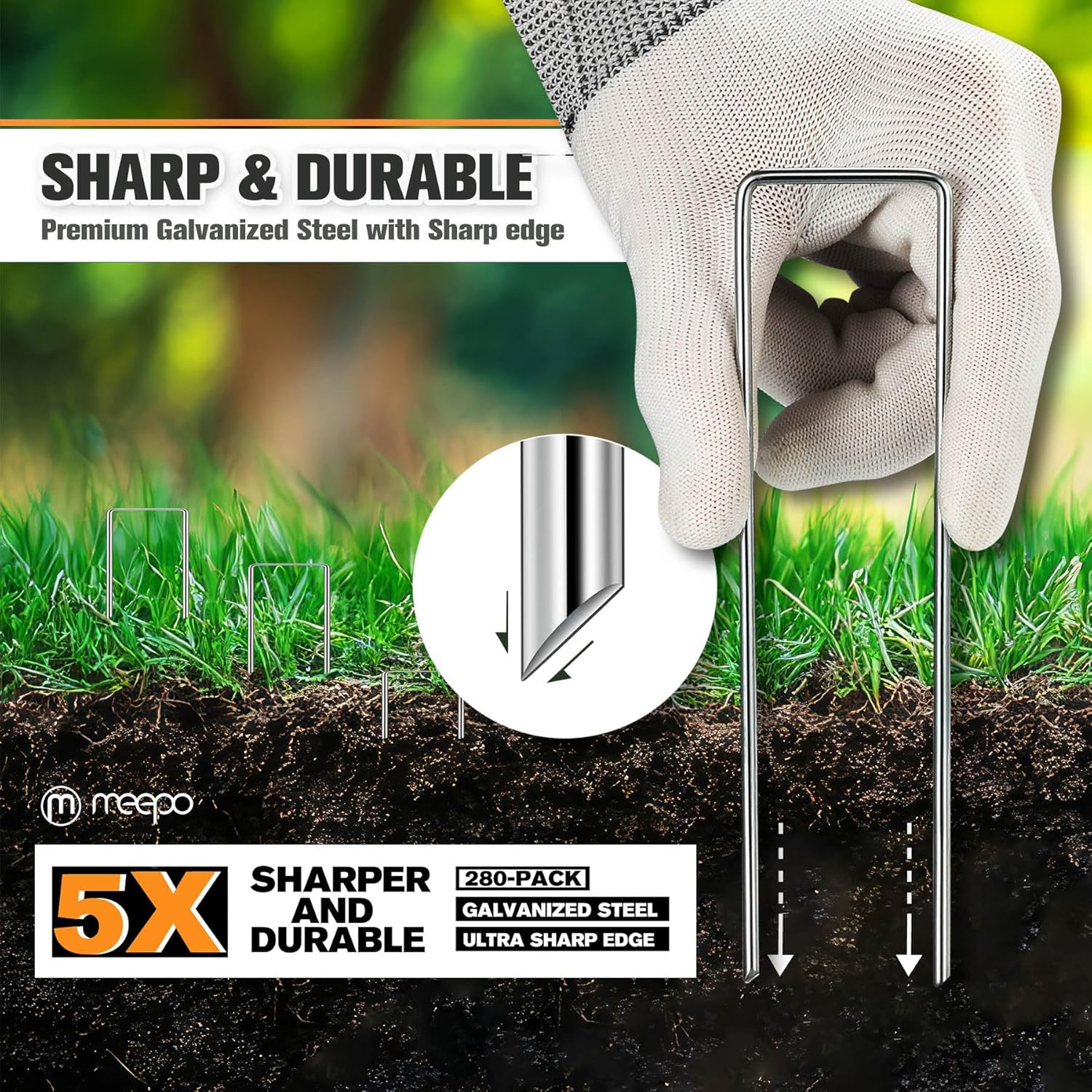 M MEEPO Garden Stakes, 280-Piece 6 Inch Never Rust Galvanized Landscape Staples, 5X Sharper Durable Stakes for Gardening, Tent, Weed Barrier, Outdoor Yard Decoration, Plant Cover