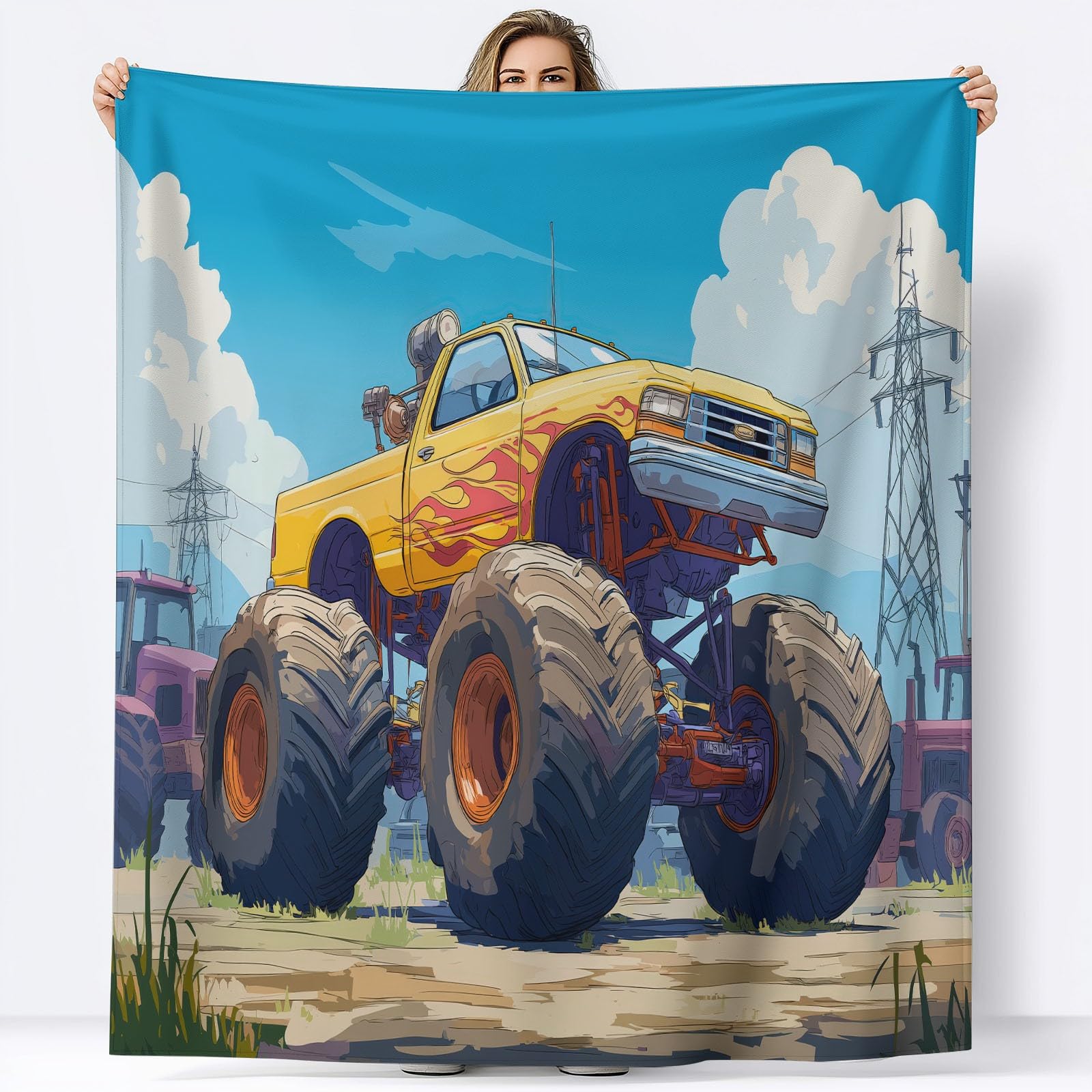 Generico Koc w kratę Polar Ciężarówka Zabawka Kreskówka 220 x 240 cm Miękka i przytulna flanelowa narzuta z polaru z nadrukiem 3D Koc na sofę, na łóżko, sofę, dla dzieci i dorosłych