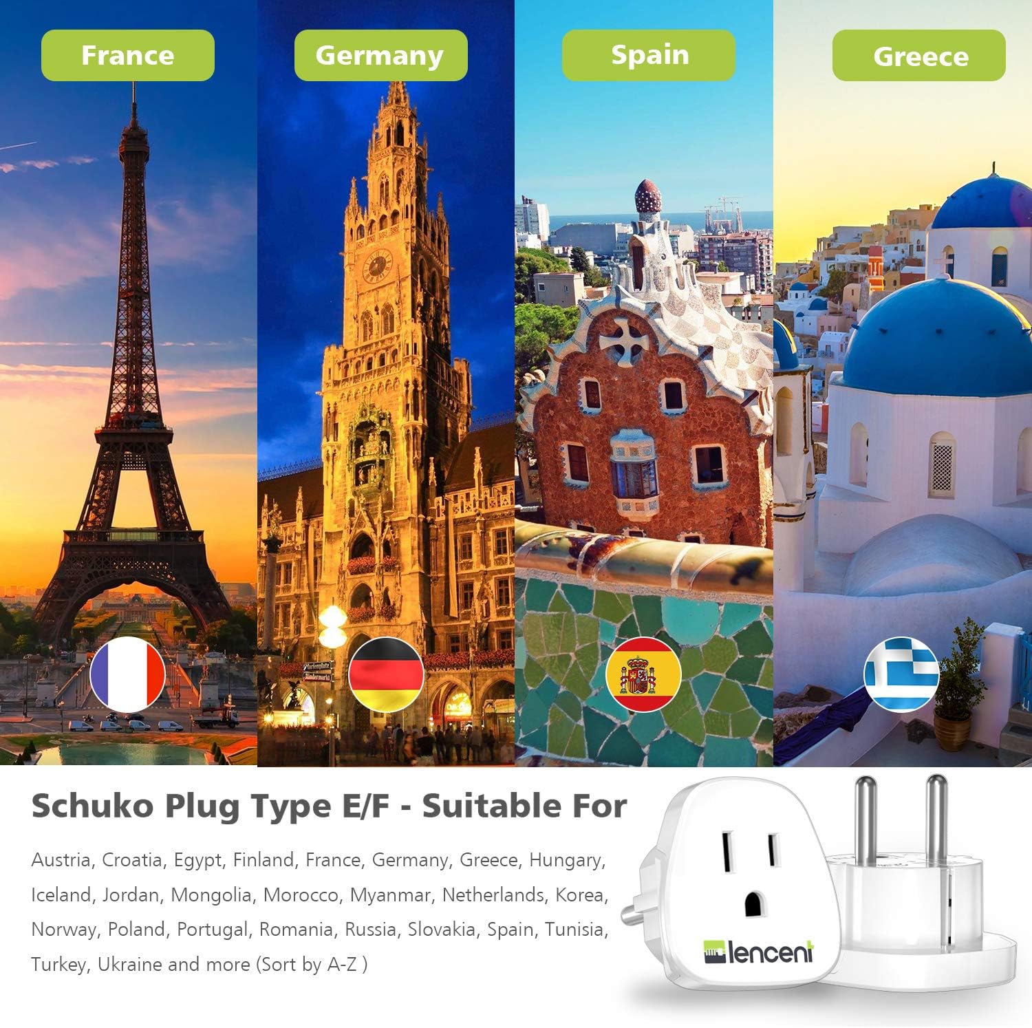 LENCENT 2 Pack Schuko European Travel Power Adapter, Outlet Charger US