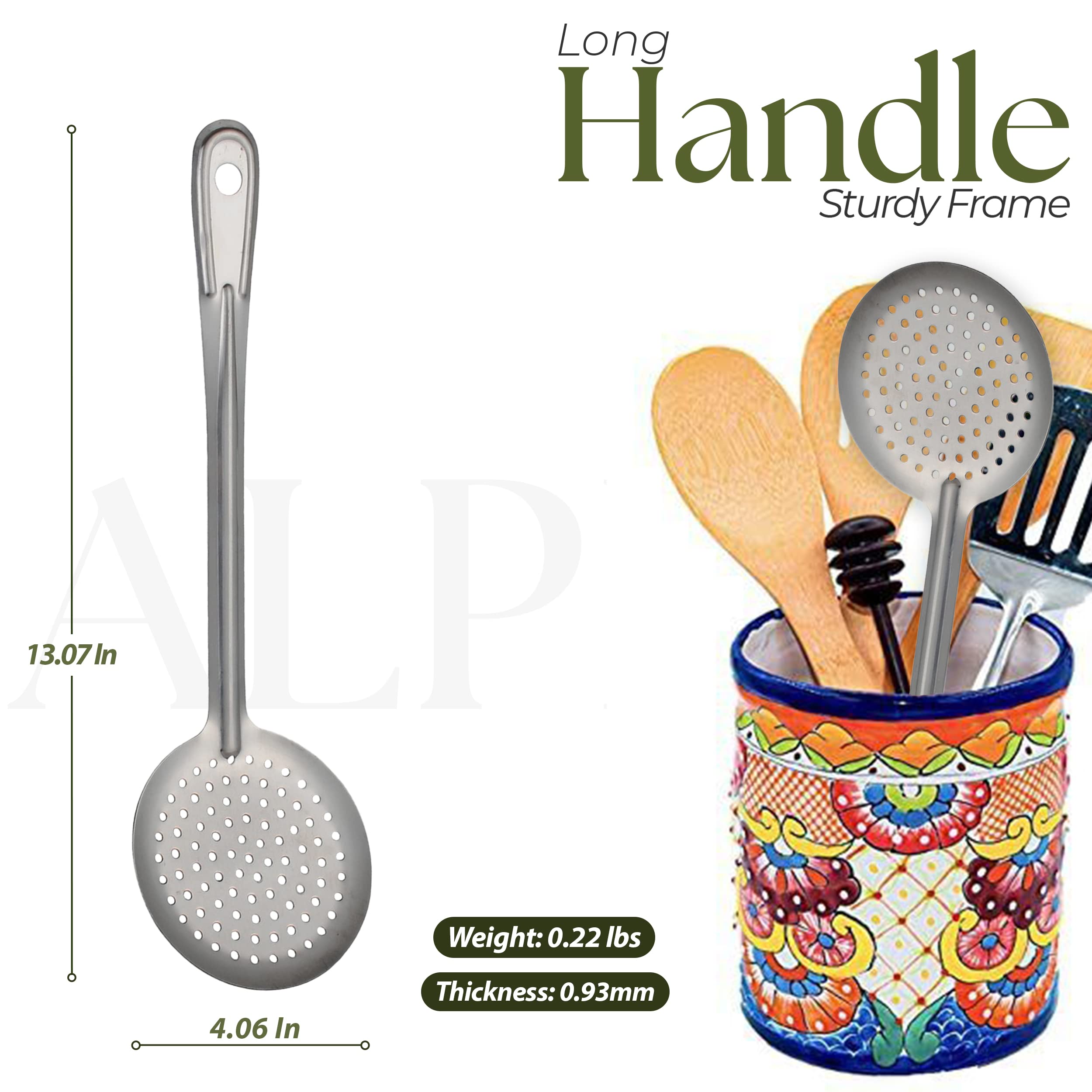 Alpine Cuisine Skimmerlöffel aus Edelstahl, 33 cm – rostfrei, integriert, langlebiger Schaumlöffel mit ergonomischem Vakuumgriff – Komfortables Griff-Design für die Küche