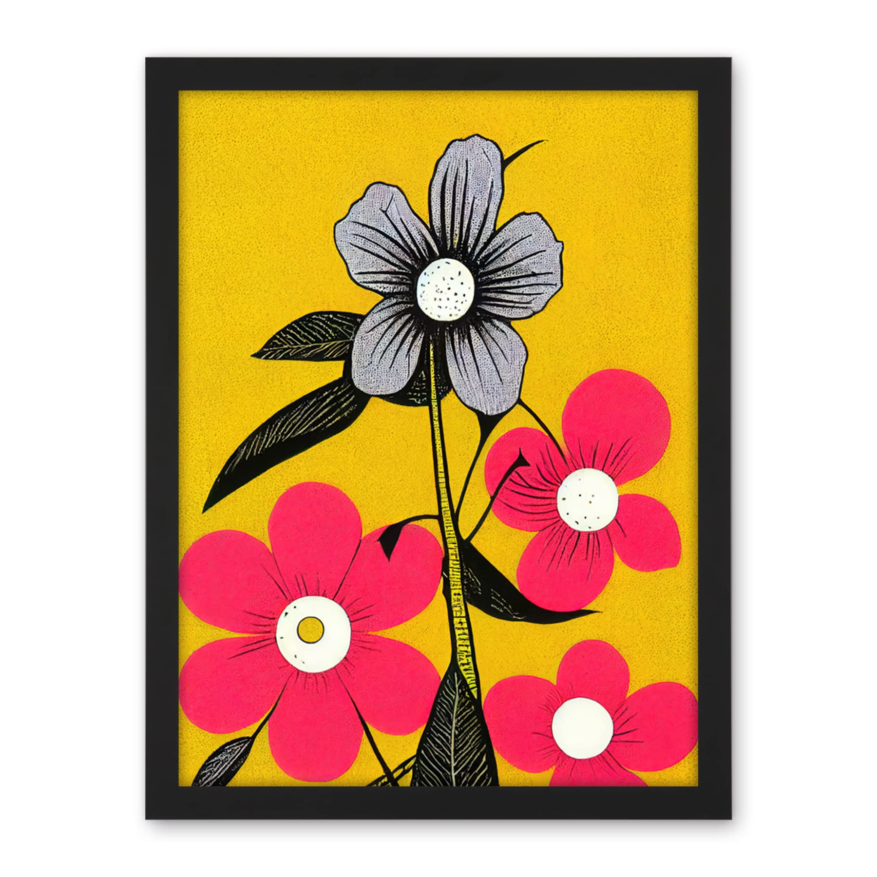 Wee Blue Coo Bold Flowers Linocut Pink and Mustard Yellow Print Artwork Framed Wall Art Print 18X24 Inch