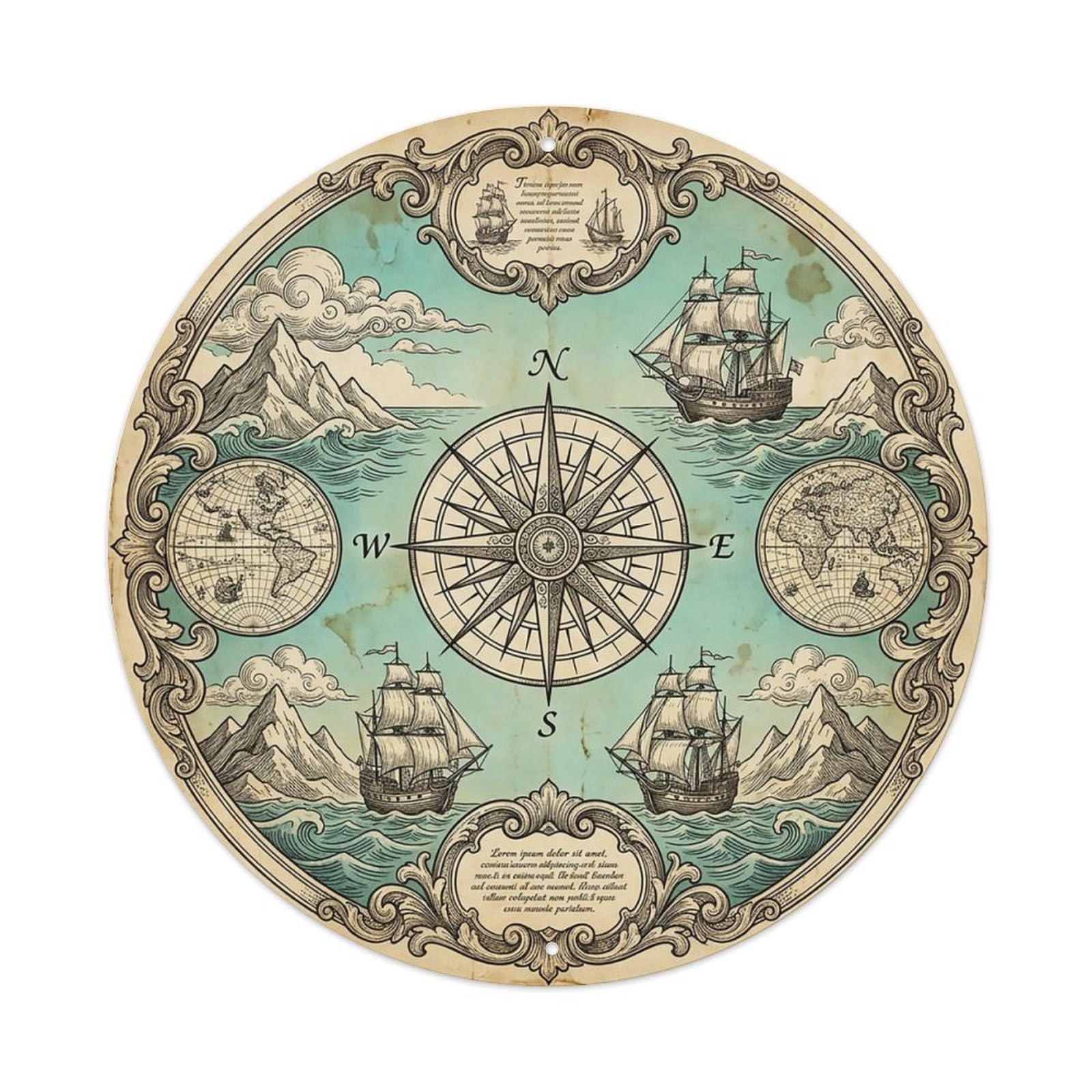 Vintage Nautical Compass World Map Journal Path Metal Tin Sign