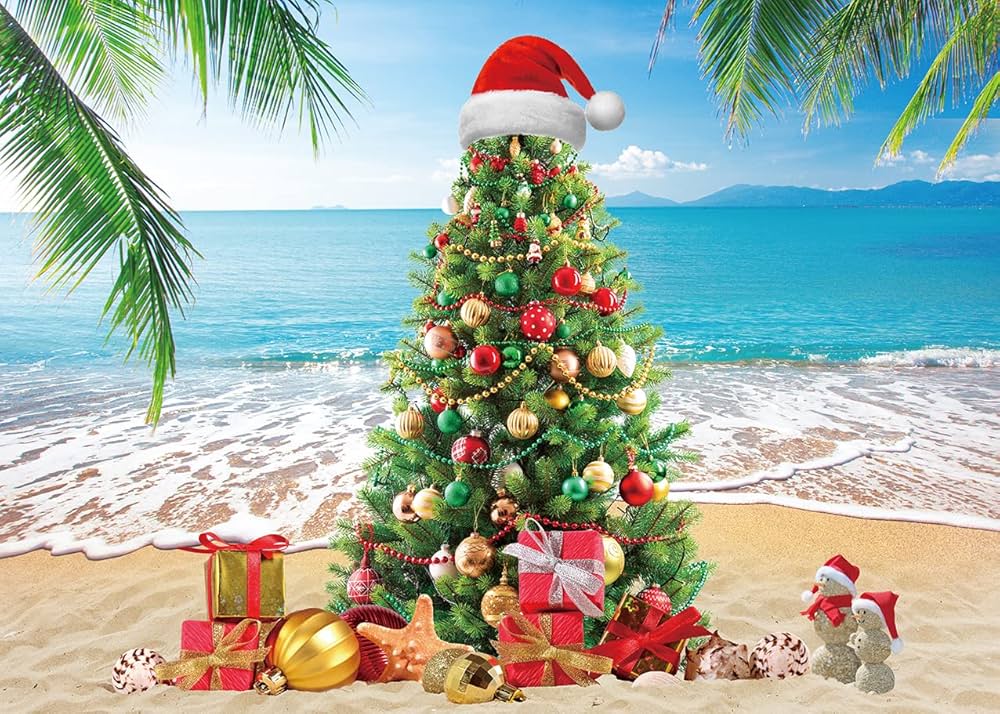 Amazon | 夏のクリスマスツリー背景布 トロピカルビーチ 7月の