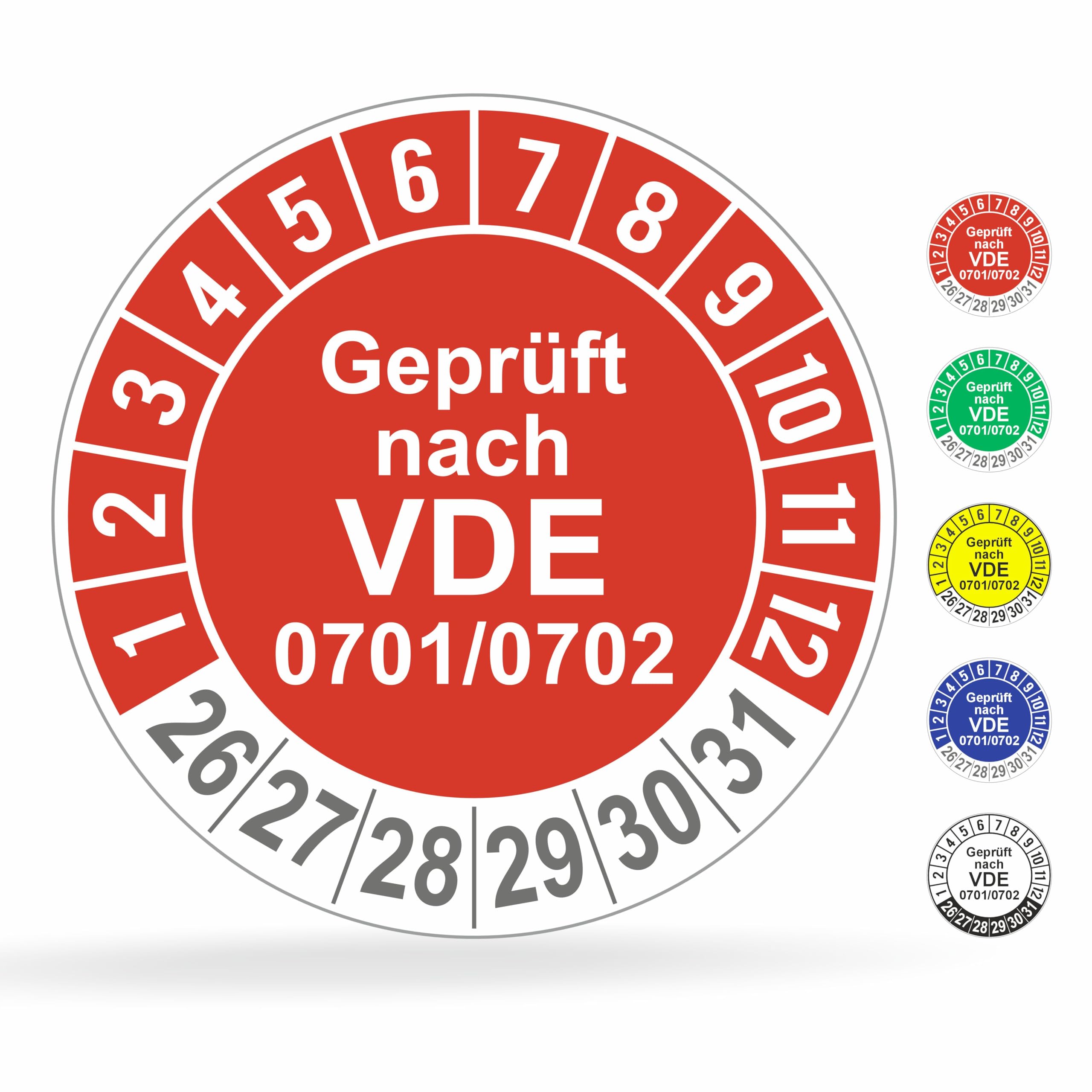 Fluxxx 560 Stk Prüfplaketten "Geprüft nach VDE", 20 mm Ø, Prüfetiketten nach DGUV V3, 2026-2031, selbstklebend, Prüfaufkleber, E-Check Prüfetikett, Plakette für Elektrogeräte (Rot, 5 Bogen)