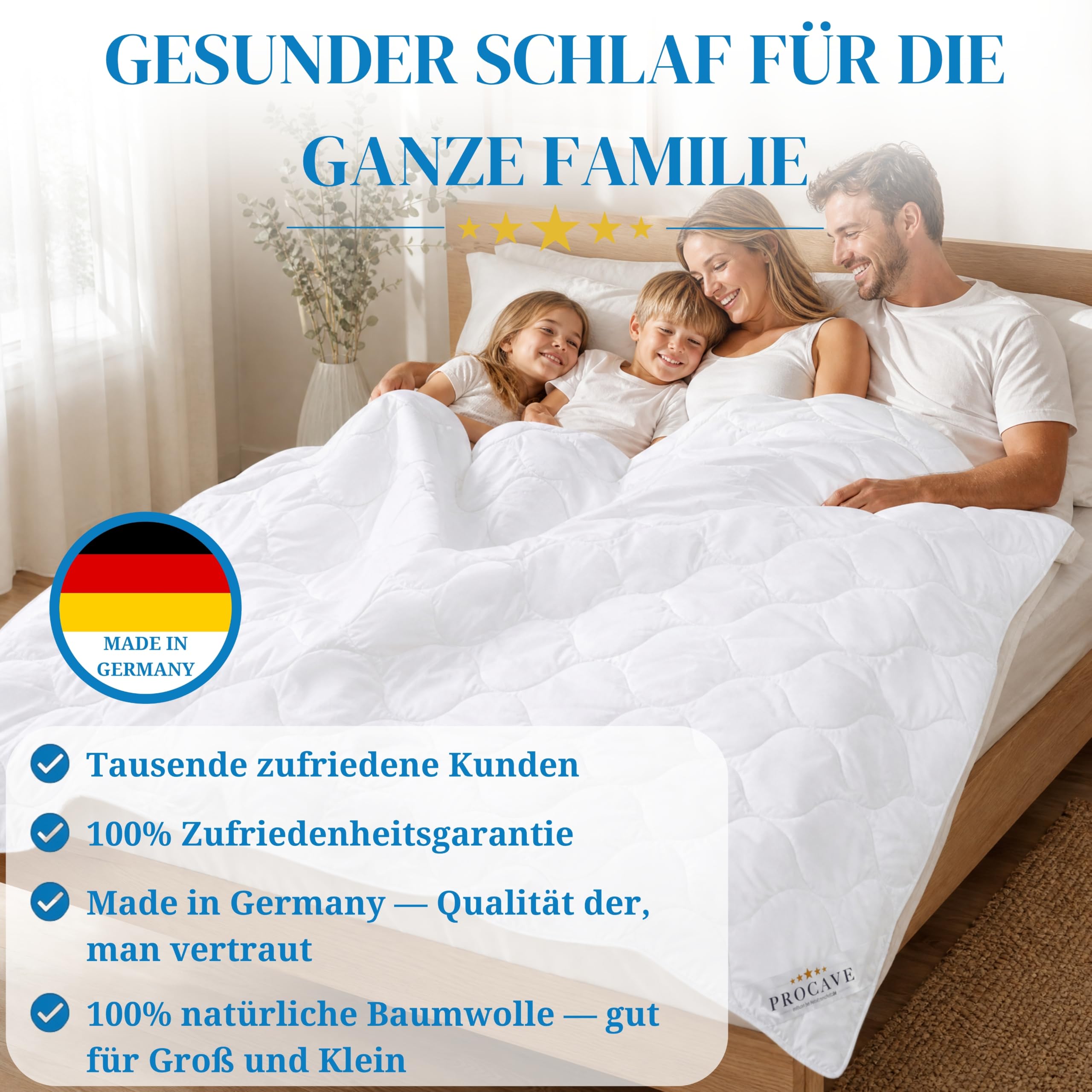 PROCAVE Baumwolle Komfort Qualitäts-Bettdecke für den Sommer 135x200cm, leichte Baumwolldecke, waschbar, aus der Natur, atmungsaktiv & wärmeausgleichend, 100% aus Deutschland