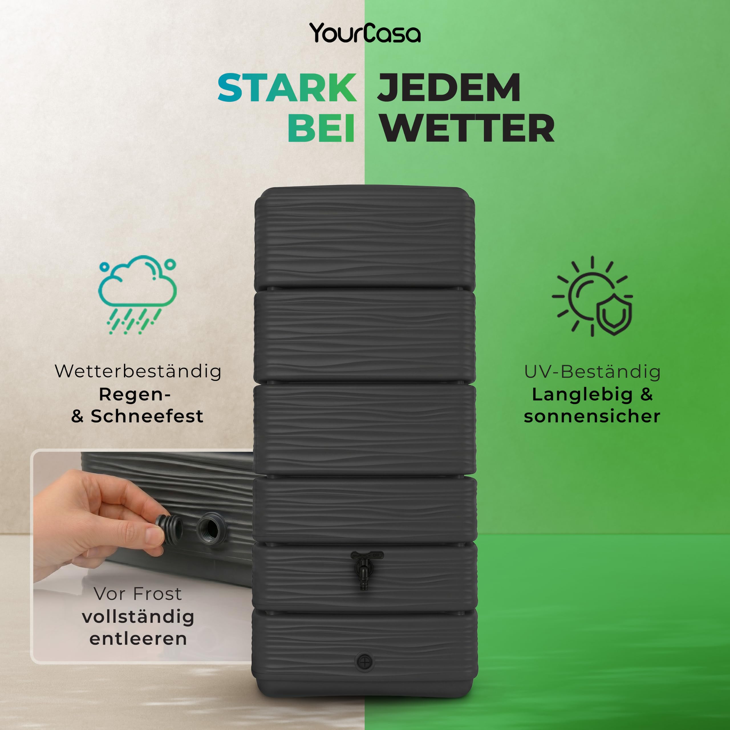 YourCasa AquaWall Regentonne 300 Liter Anthrazit – Schlanker Wandtank mit Regensammler Set, Regenwassertonne schmal & platzsparend 60x40x137cm, UV-beständig, Wasserhahn, Regenwasserbehälter für Garten