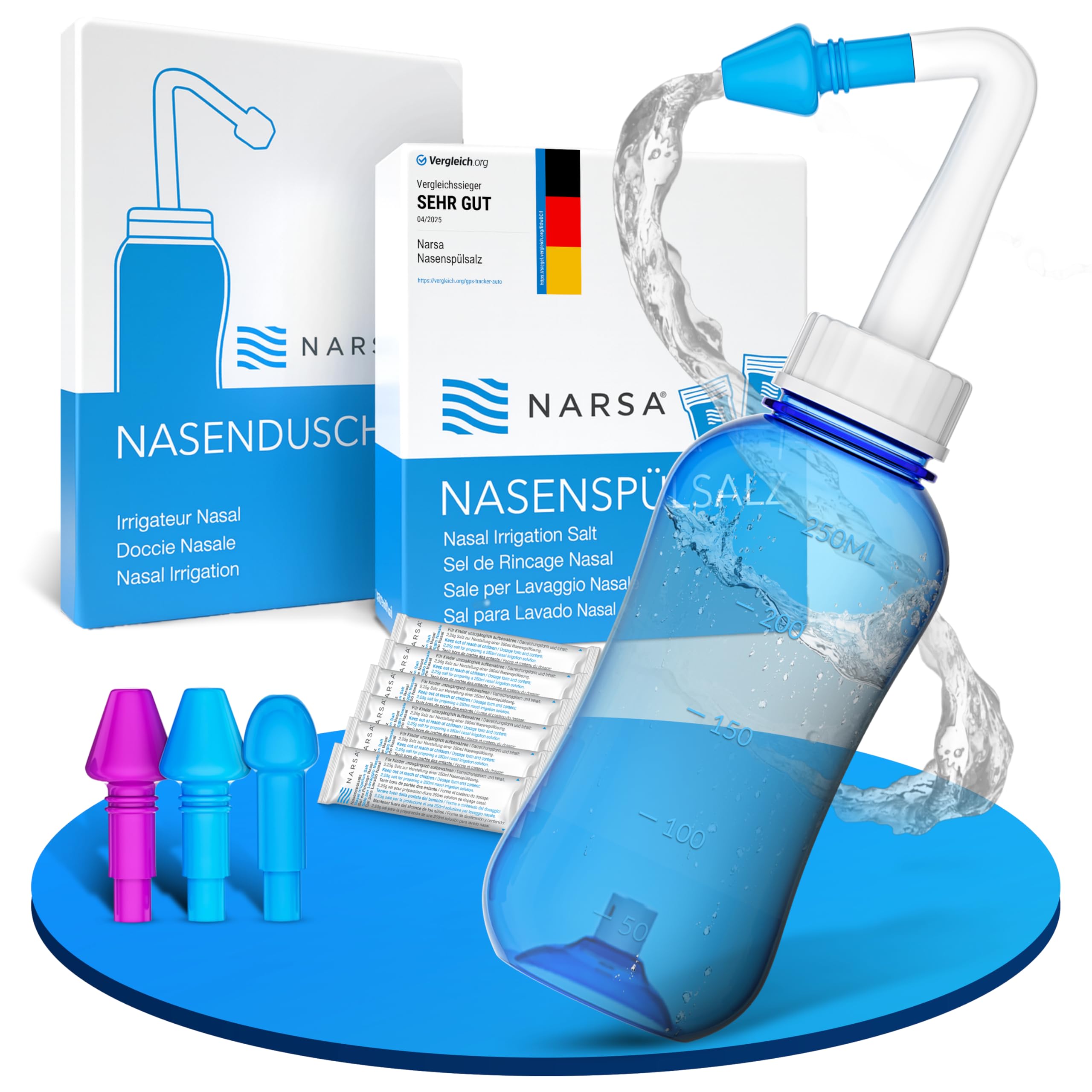Nasendusche Set NARSA® · 30x Nasenspülsalz · 3 Aufsätze für Erwachsene und Kinder · Nasenspülkanne zur Nasenreinigung und Nasenspülung bei Erkältung und Allergie
