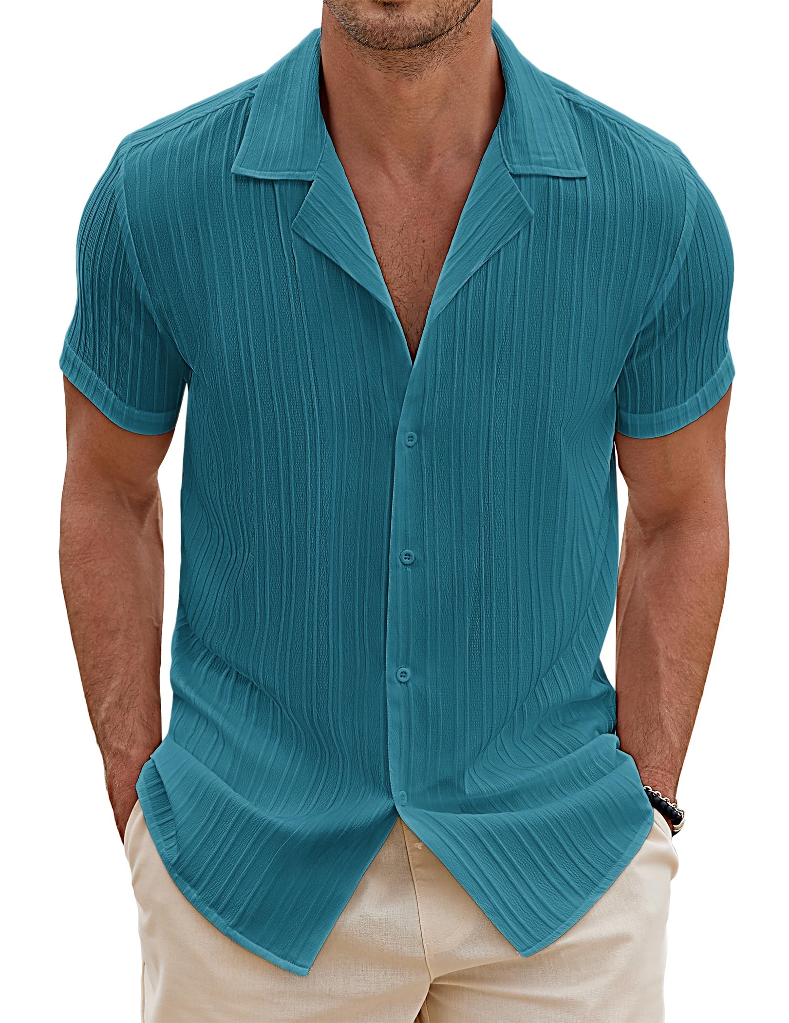 COOFANDY Herren Hemd Kurzarm Sommer Freizeithemd Kuban Kragen Hawaiihemd Gestreift Struktur Strand Hemden Guayabera Shirt