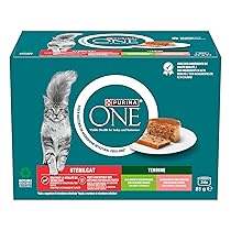 Purina One Sterilcat Cibo Umido per Gatti Adulti con Tacchino e Spinaci e Salmone e carote, 24 lattine da 85g