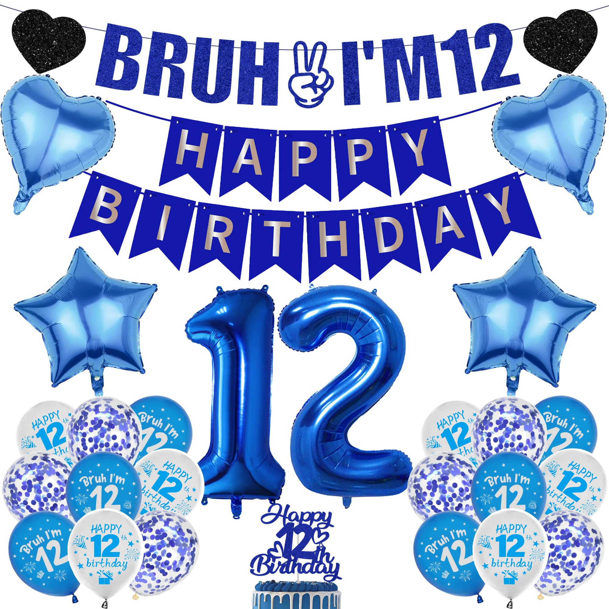 12th Birthday Decorations Balloons Boys - 27 Pcs Glitter Blue Bruh I'm 12 Happy Bday Banners Numbers Star Heart Foil Balloon Cake Topper Sign Party Supplies for Pre-teen Twelve Years Old Decor