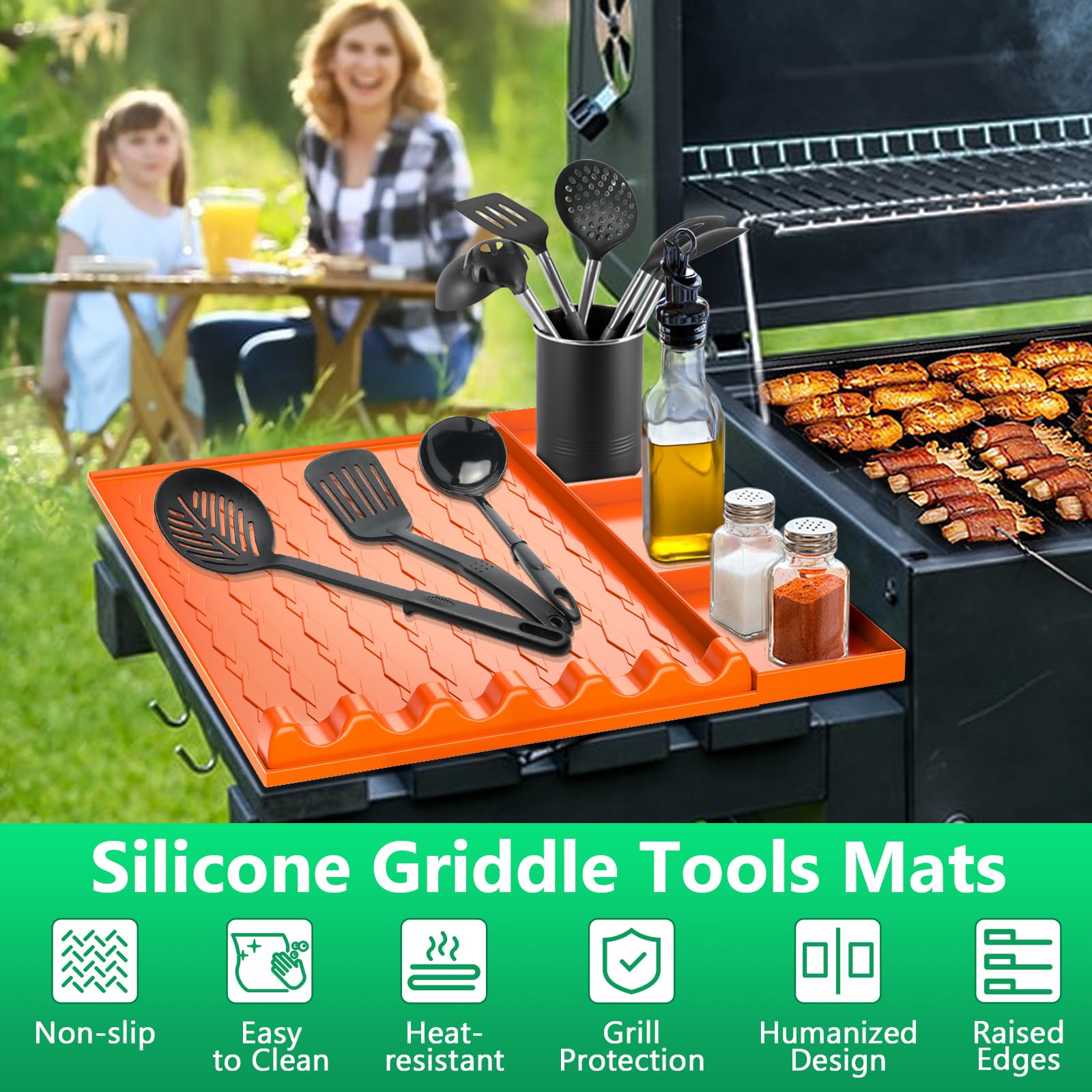 Silicone Grill Mat for Blackstone, 15.7”x11.6” Side Shelf Griddle Tool Spatula Mat, Heat Resistant Drip Pad, Utensils Rest for Countertop Barbecue Accessories for Outdoor Grill, Kitchen, Orange
