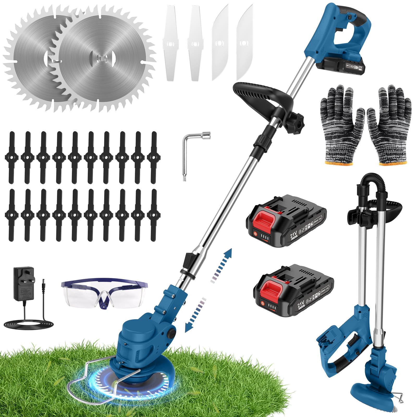 21V Cordless Strimmer, 700W Grass Trimmer with 2x 2000mAh Batteries, Lightweight Foldable Battery Strimmers Cordless with 26 Blades,90° Adjustable Head for Garden Lawn Weeding - Deep Orange — view 8