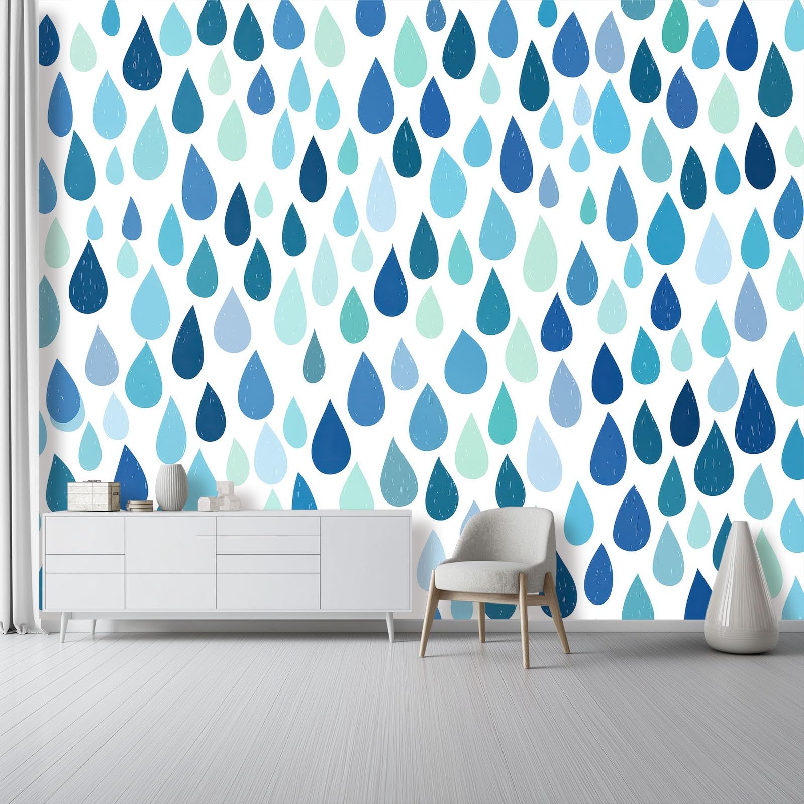 Minimalistyczny geometryczny mural ścienny z włókniny do sypialni, przy łóżku i przedpokoju, ściana akcentująca, 300 x 210 cm, niewklejony efekt 3D, duży plakat z fototapetą, niebieskie krople deszczu