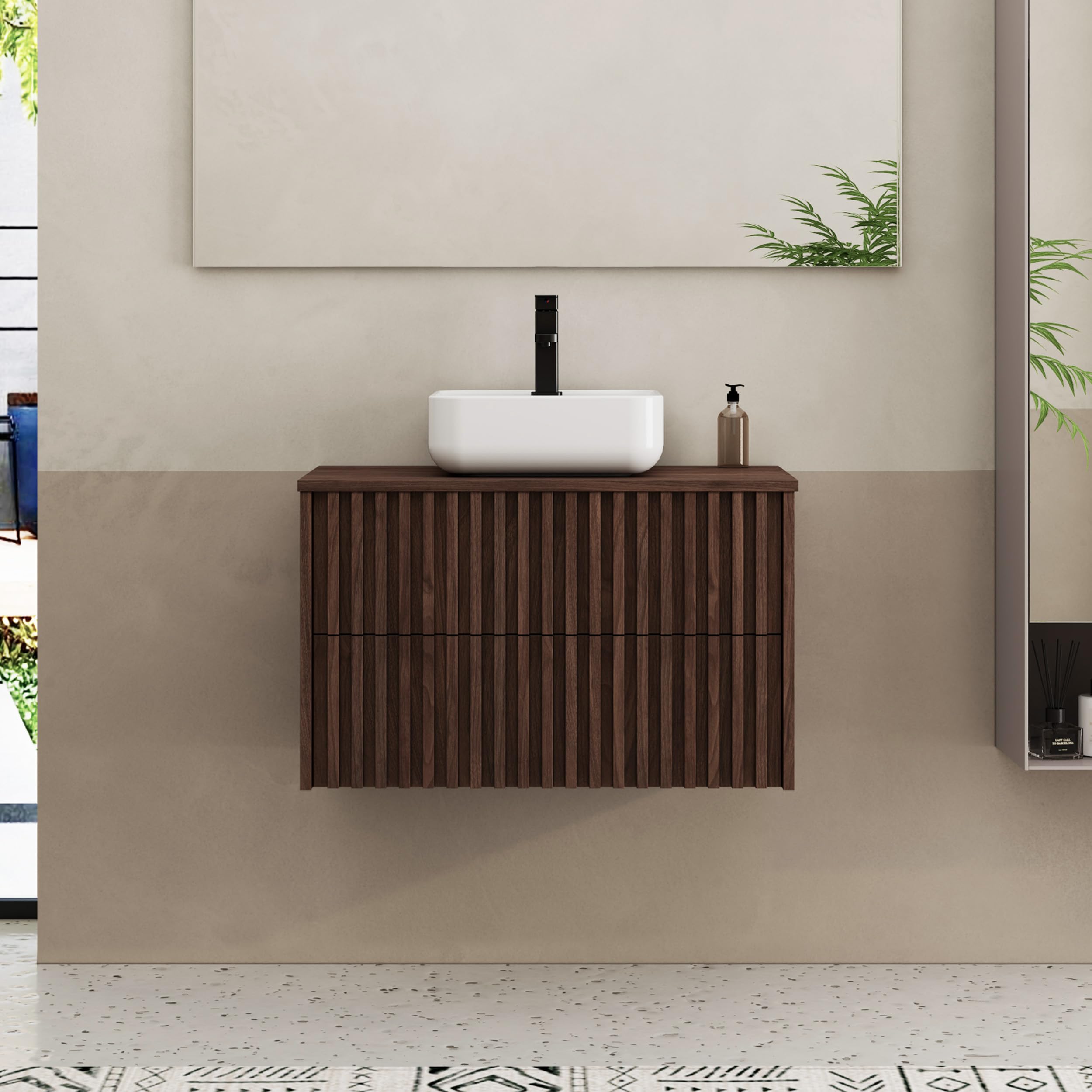 UEV Waschtisch mit Unterschrank, Waschbecken hängend 81cm, Dunkelbraun | Waschbeckenunterschrank, Badmöbel Set, Rechteckiges Keramikwaschbecken, ausreichend Stauraum Platzsparender Badezimmmer Möbel