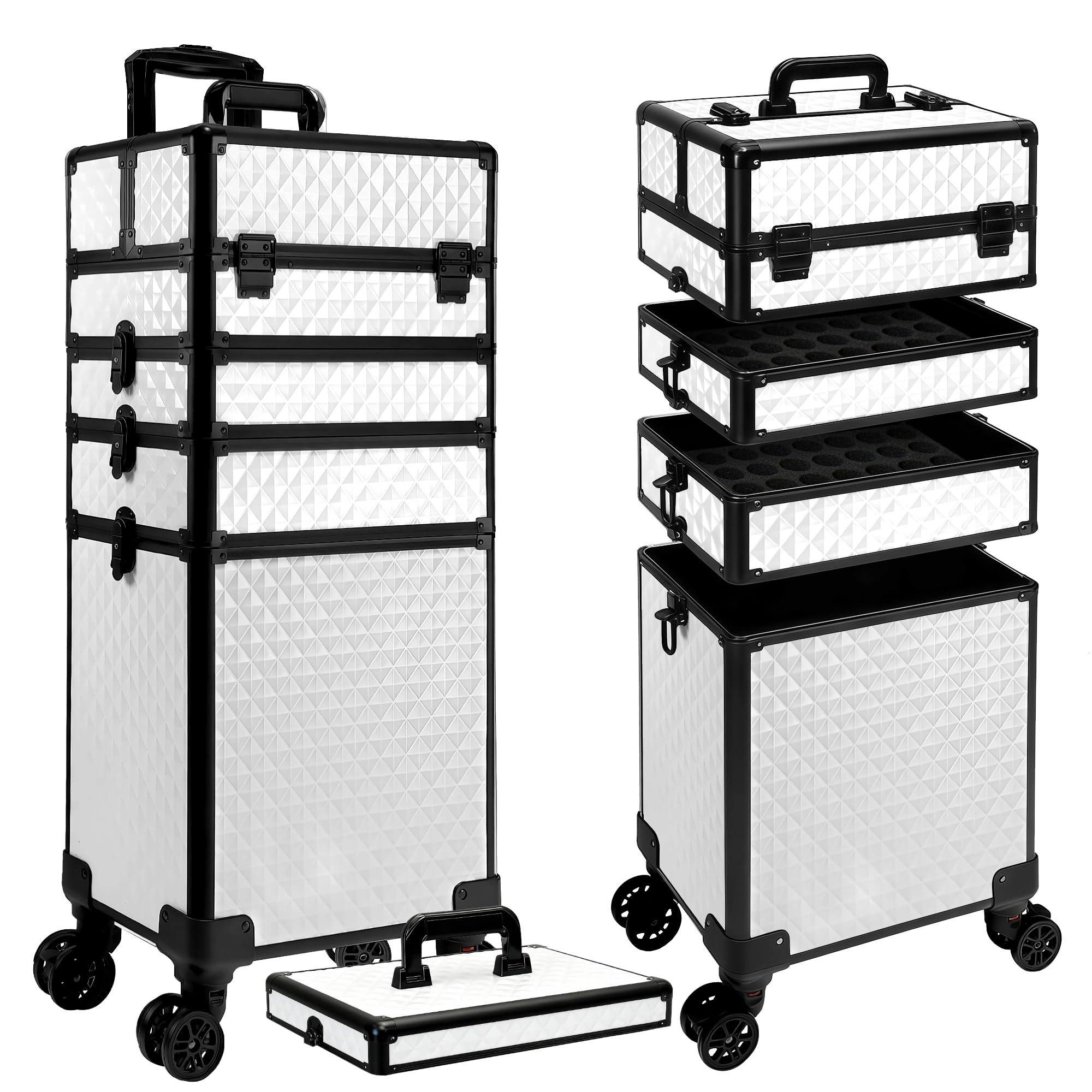 5 in 1 Rolling Makeup Train Case on Wheels Large Cosmetic Organizer Travel Cart for Women Beauty Salon Barber Hairstylist White