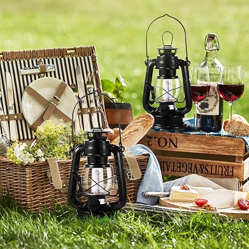 Miniatura 6 de Hortsun 16 linternas LED vintage negras para campamento, LED cálidos e interruptor de atenuación, funciona con pilas, farol colgante de metal para