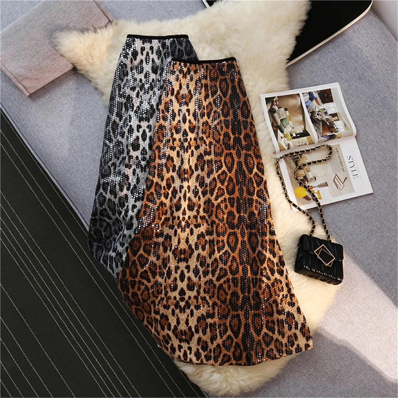 Gonna Leopardata Gonne da Donna a Coda di Pesce con Paillettes in Stile retrò, gonne snellenti a Vita Alta e Lunghezza Media per Festa