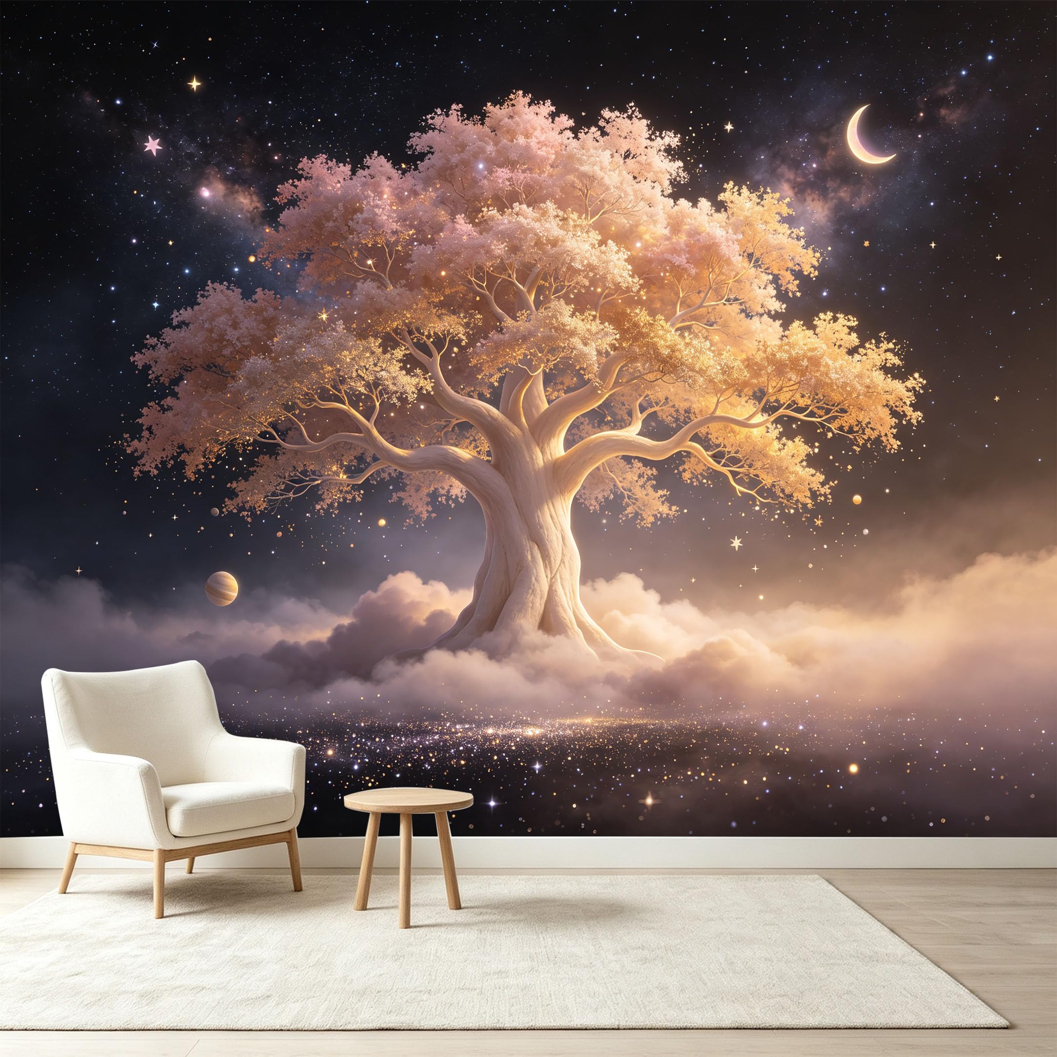 Custom Size Wall Murals Cosmic Ancient Tree Nebula Energy Starry Night Sky Self-Adhesive Wall Fabric Removable Wallpaper Wall Decor for Living Room Bedroom Bathroom