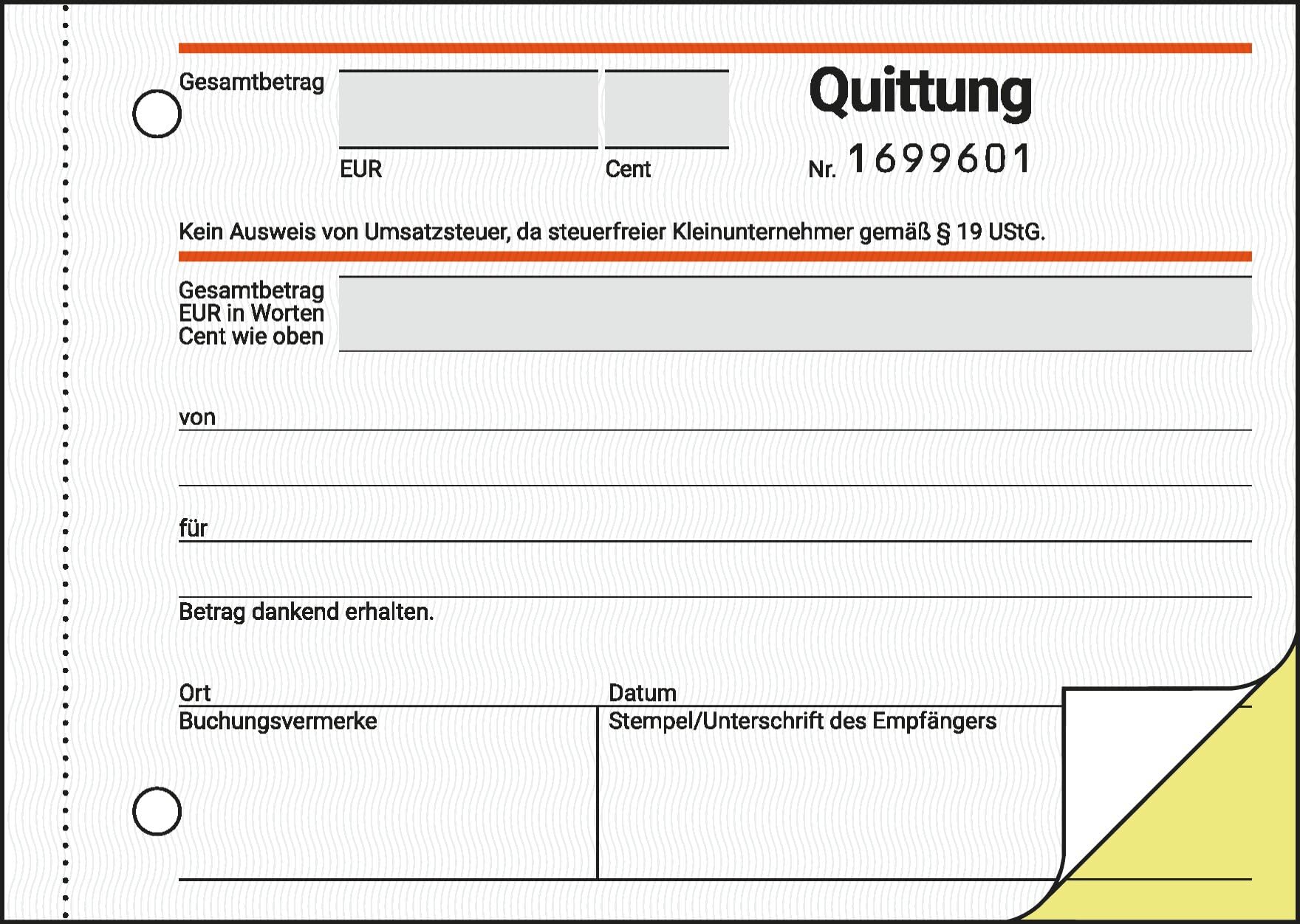 SIGEL SD120/5 Quittungsblock für Kleinunternehmer, fortlaufend nummeriert, eindeutige 7stellige Nummer, A6 quer, 5 Stück, 2x30 Blatt, selbstdurchschreibend, aus nachhaltigem Papier