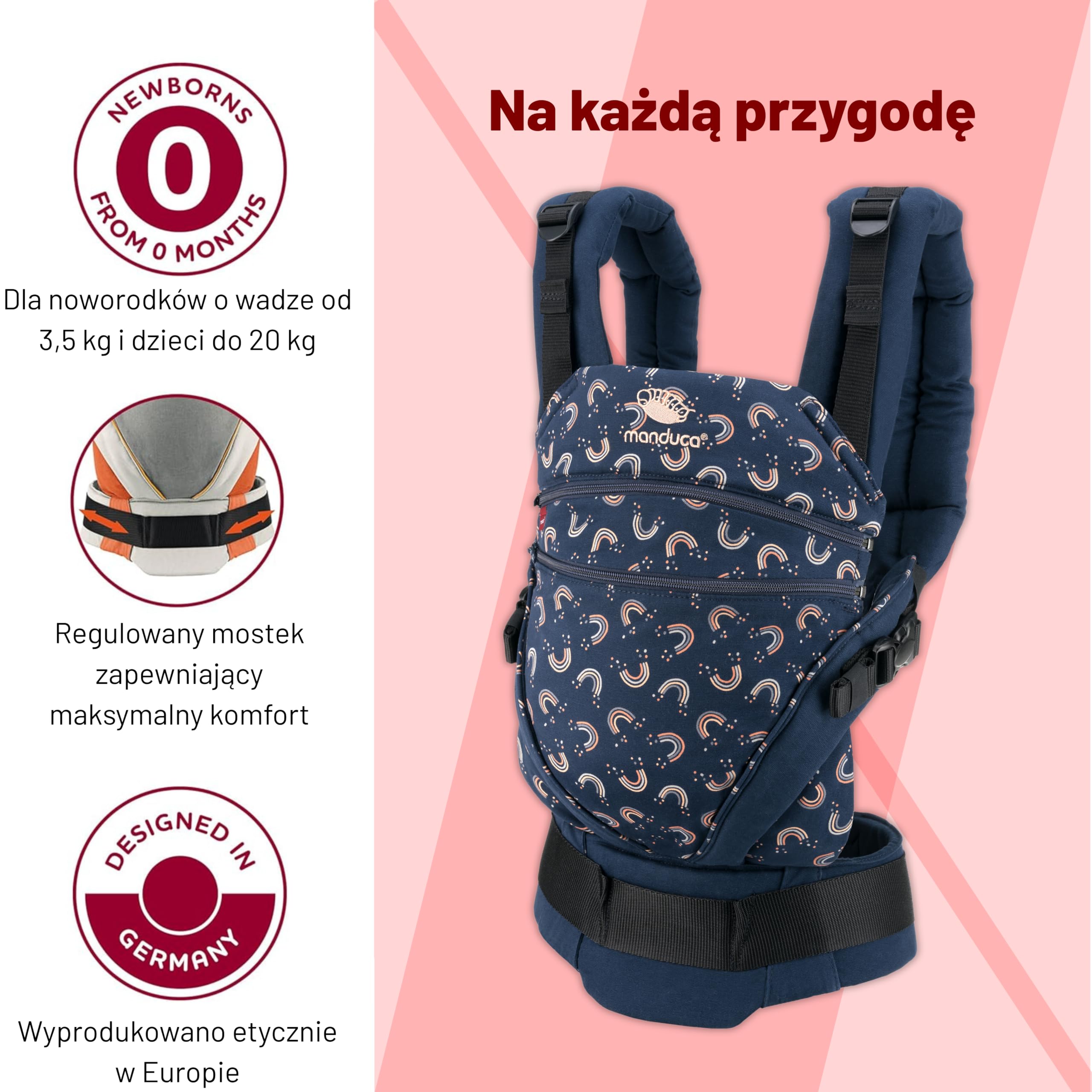 manduca Nosidełko dla niemowląt XT – All-In-One nosidełko dla noworodków od 3,5 kg i małych dzieci do 20 kg – ergonomiczne nosidełko dziecięce z regulowanym mostkiem – rozmiar uniwersalny, Rainbow