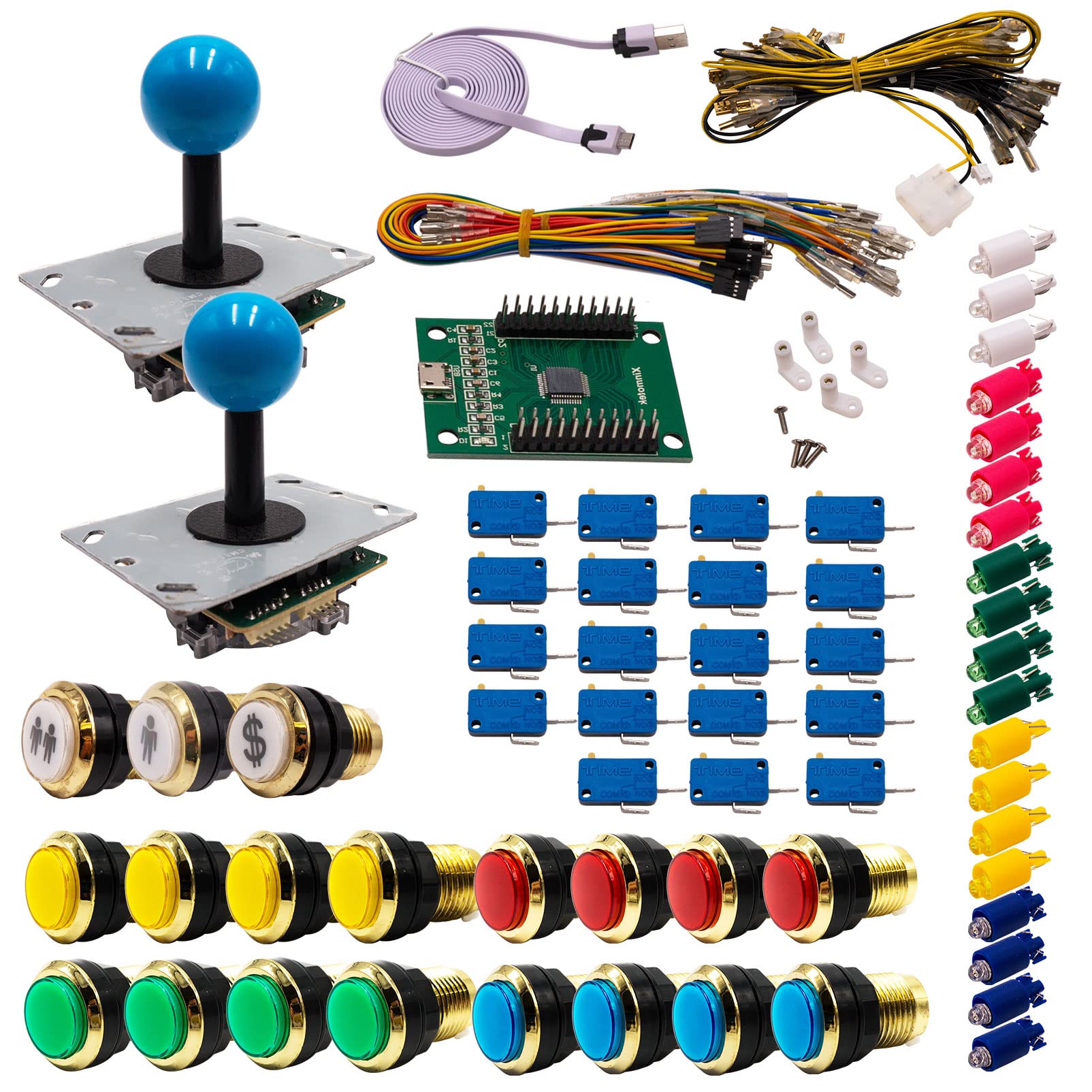 Kit Joystick e Pulsanti Arcade 2 Giocatori Luminosi Pulsanti Dorati Joystick PCB Aste Nere Palle Carta XinMoTek Videogiochi Retro Gaming