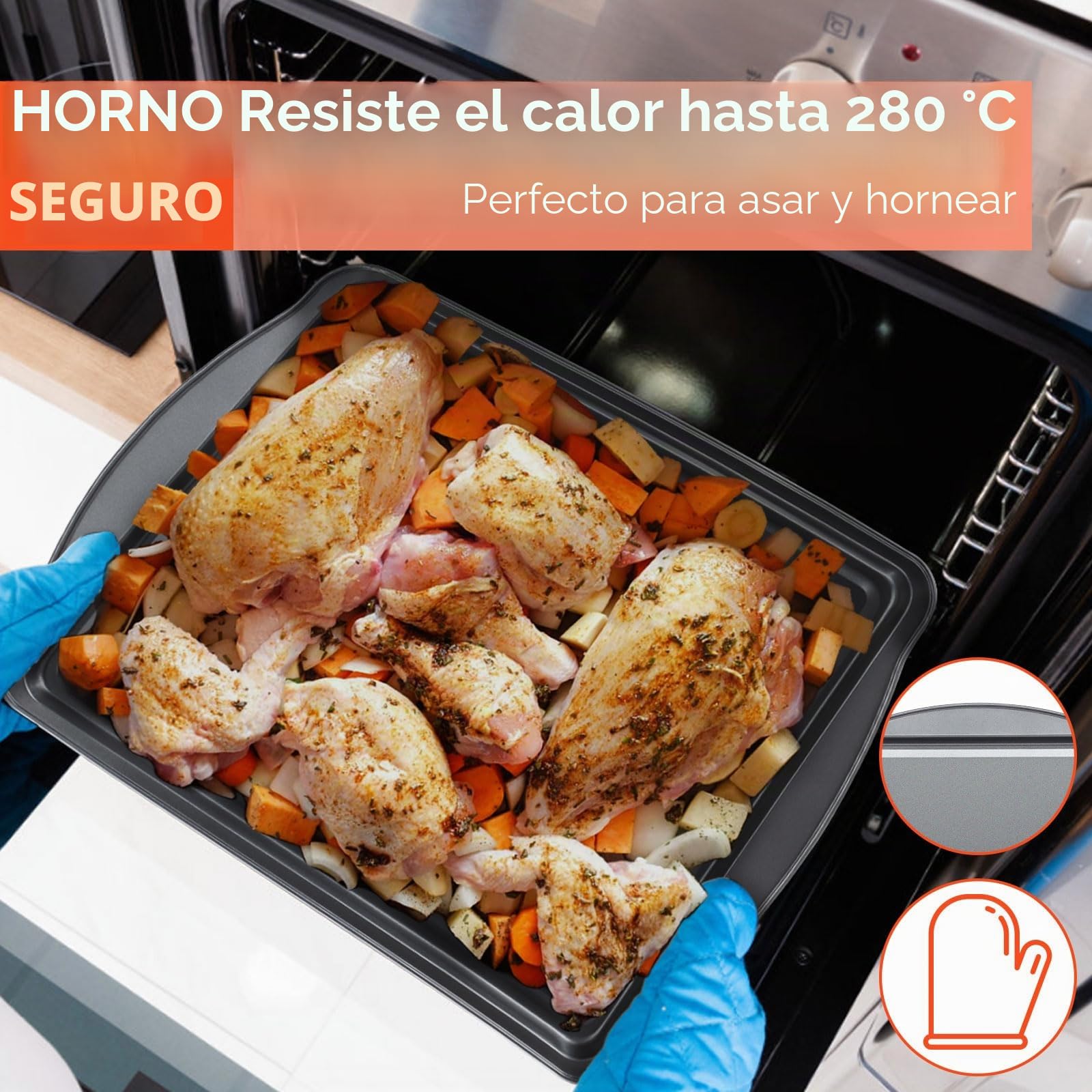 BEWOS Bandeja de horno de acero al carbono de 2 piezas con asa, 43,5 x 30 x 2 cm, bandejas de horno antiadherentes, bandejas grandes para horno, aptas para lavavajillas y fáciles de limpiar, juego de