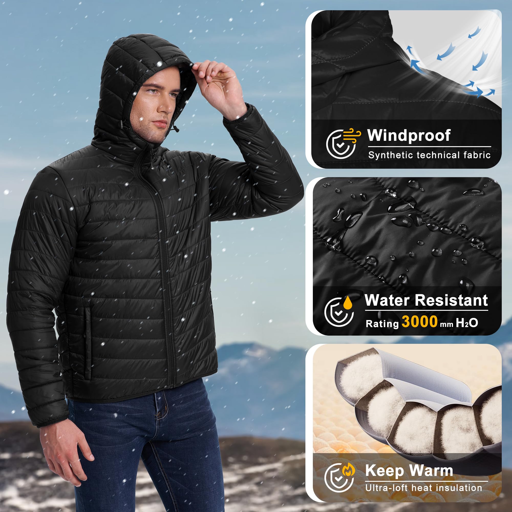 33,000ft Chaqueta acolchada ligera para hombre, chaqueta de entretiempo resistente al agua, cálida chaqueta de invierno para hombres, con capucha, abrigos de invierno, chaqueta amortiguadora plegable