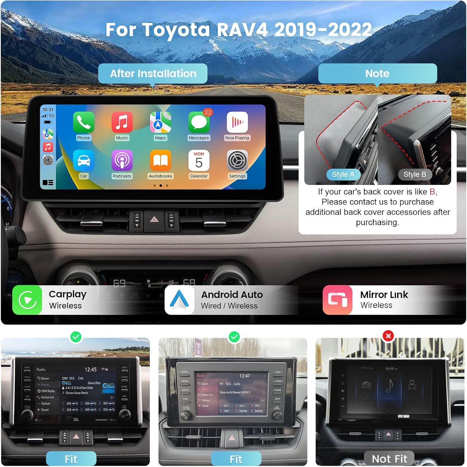 Roadanvi X12 12.3" Android Car Stereo for Toyota RAV4 2019 2020 2021 2022 Wireless Apple Carplay Android Auto Car Radio Bluetooth Head Unit QLED Touch Screen 1920x720 GPS Navigation
