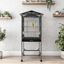 Rolling Bird Cage with Wheels, 49 Inch Rooftop Parrot Cage with Pull Out Tray and Skylight Door Metal Medium Birdcage for Cockatiel Parakeet Lovebirds Black