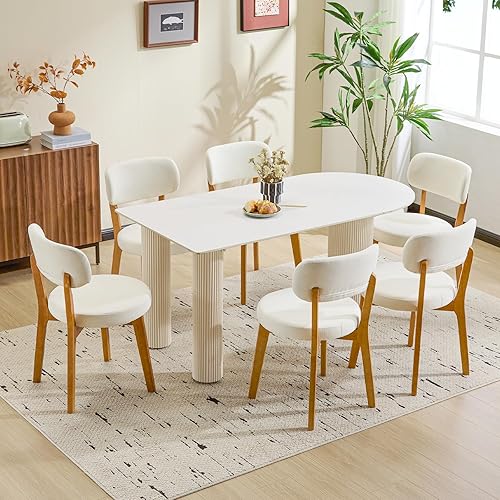 Furniliving Juego de 6 sillas de comedor de madera, sillas de cocina tapizadas de lino moderno de mediados de siglo con madera de roble maciza,