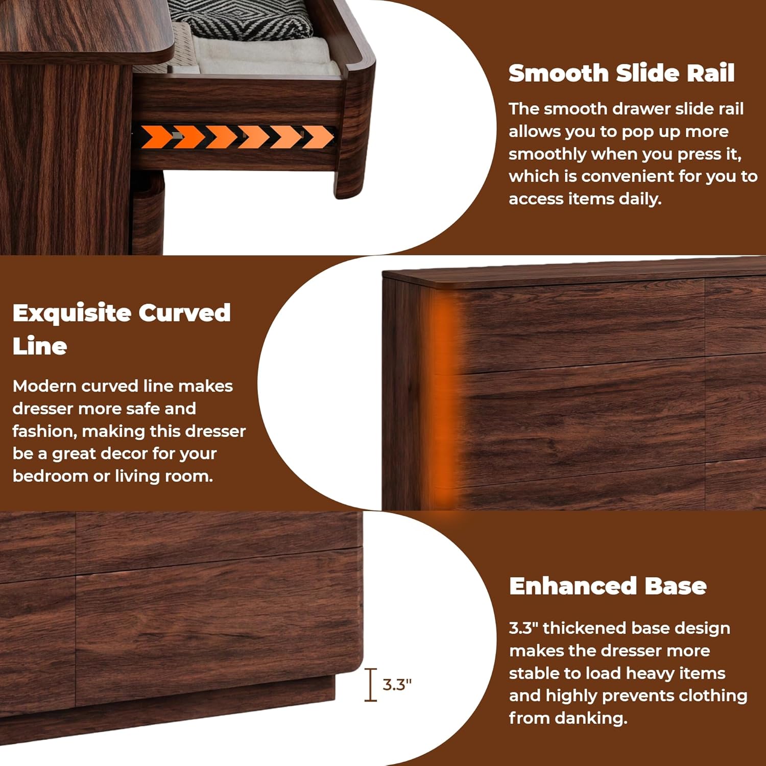 JXQTLINGMU 6 Drawer Dresser for Bedroom, 52" Wide Modern Wood Dressers with Push-to-Open Drawers for Closet Storage, Chest of Drawers TV Stand for Living Room & Hallway, Curved Profile, Walnut