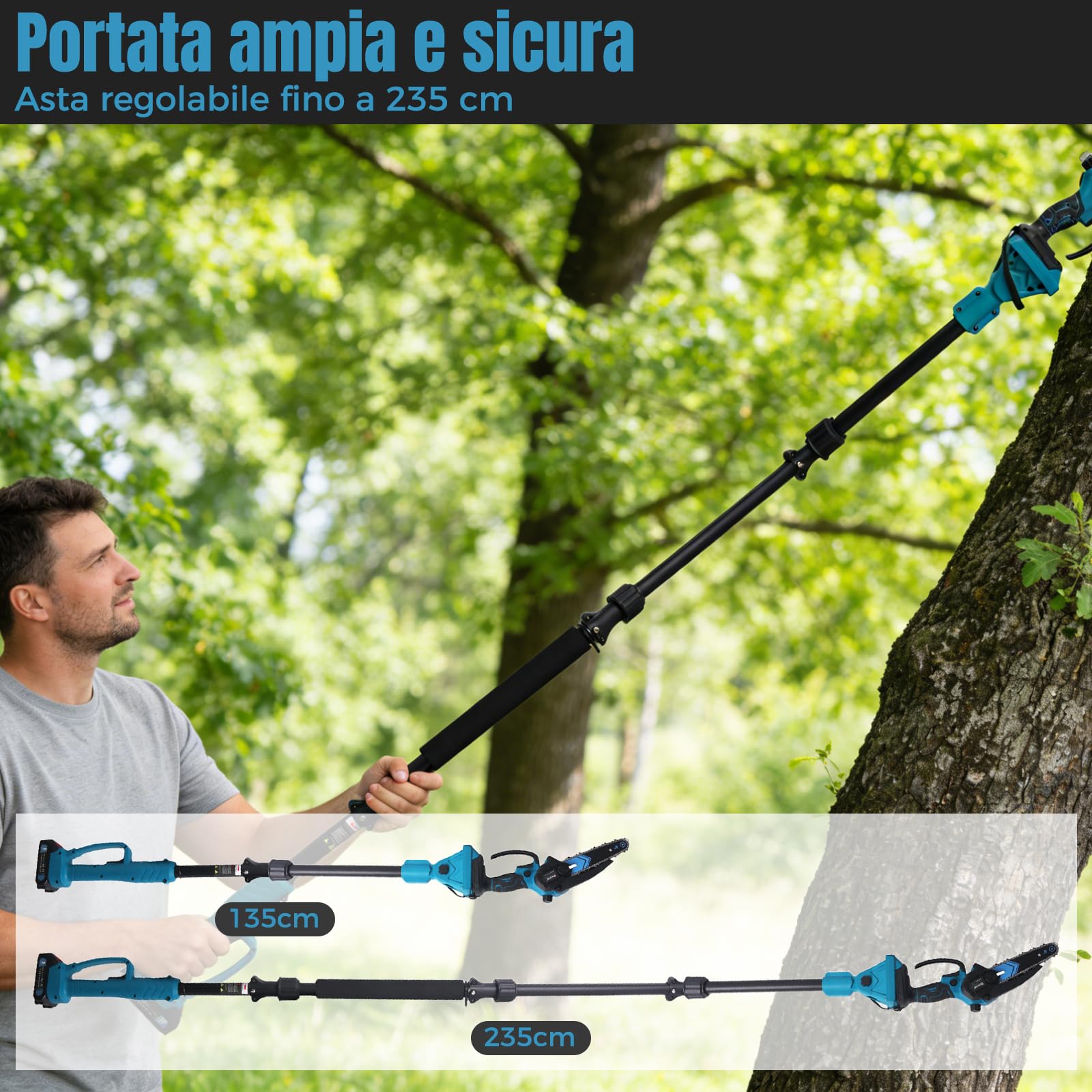 4 en 1 Motosierra y Cortasetos Telescópico a Batería, Compatible con Makita 18V, Podadora de Altura Extensible 2.5m con Correa, Motor de Cobre Puro de Alta Potencia, 2 Baterías para Poda de Jardín
