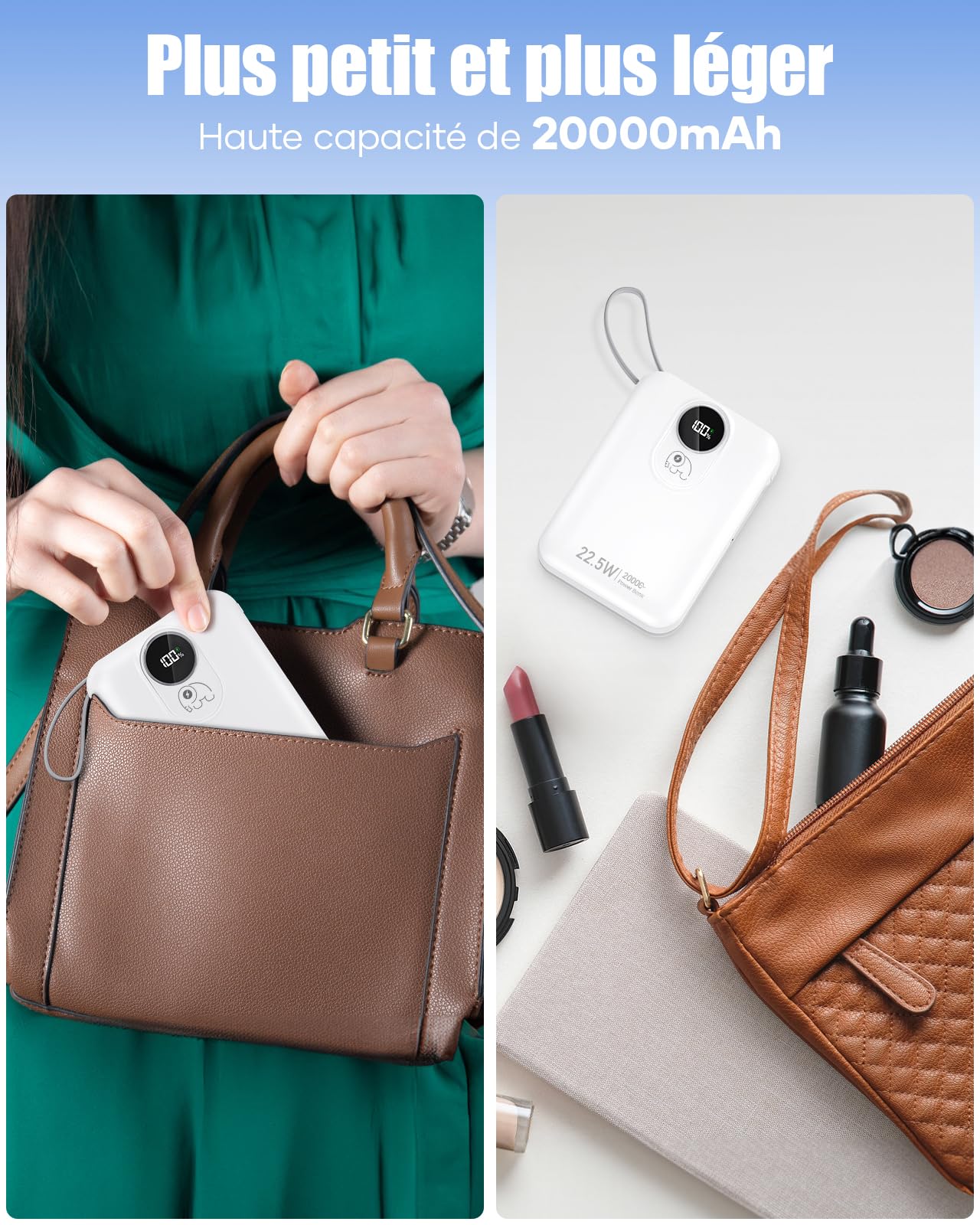 Batterie Externe 20000mAh avec Câble intégré : 22.5W Power Bank à Charge Rapide pour téléphone Portable, Batterie USB C (Input & Output), Chargeur Portable avec 4 Sorties et 2 entrées- Blanc