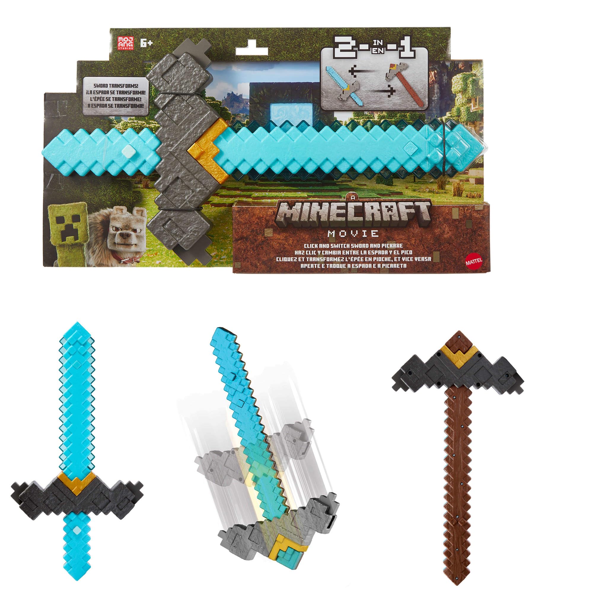 Mattel Minecraft Movie Miecz i kilof 2 w 1 Szybka transformacja Zabawka Role Play, akcesorium do zabawy ze zmianą aktywowaną przyciskiem, zabawka inspirowana filmem „Minecraft: Film”, JFR72