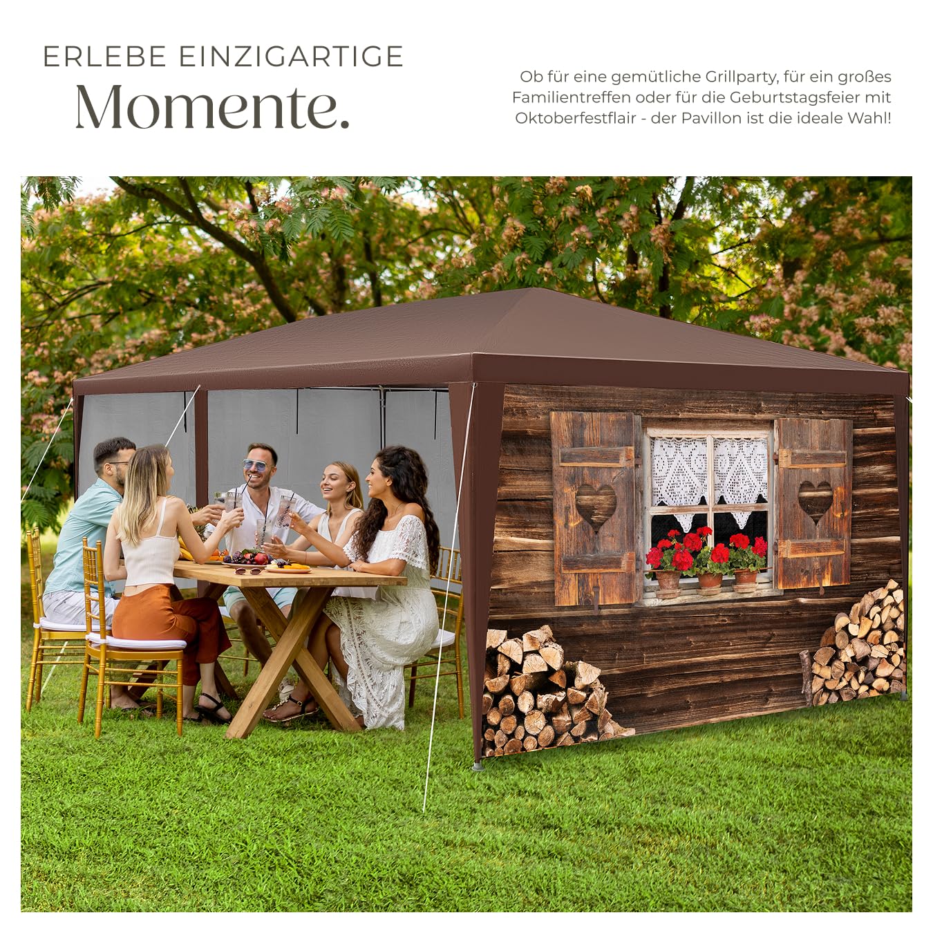 tectake® Garten oder Festival Pavillon, Zelt, Almchalet 3D Design, mit 6 Seitenteile, Partyzelt für Terrasse, Unterstand für Gartenmöbel, Event Shelter, Verkaufsstand (3x6 m)