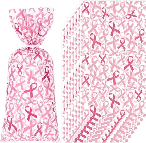 Whaline 150 bolsas de regalo de celofán para el cáncer de mama con 200 lazos torcidos, bolsas de fiesta de violonchelo con patrón de cinta rosa,